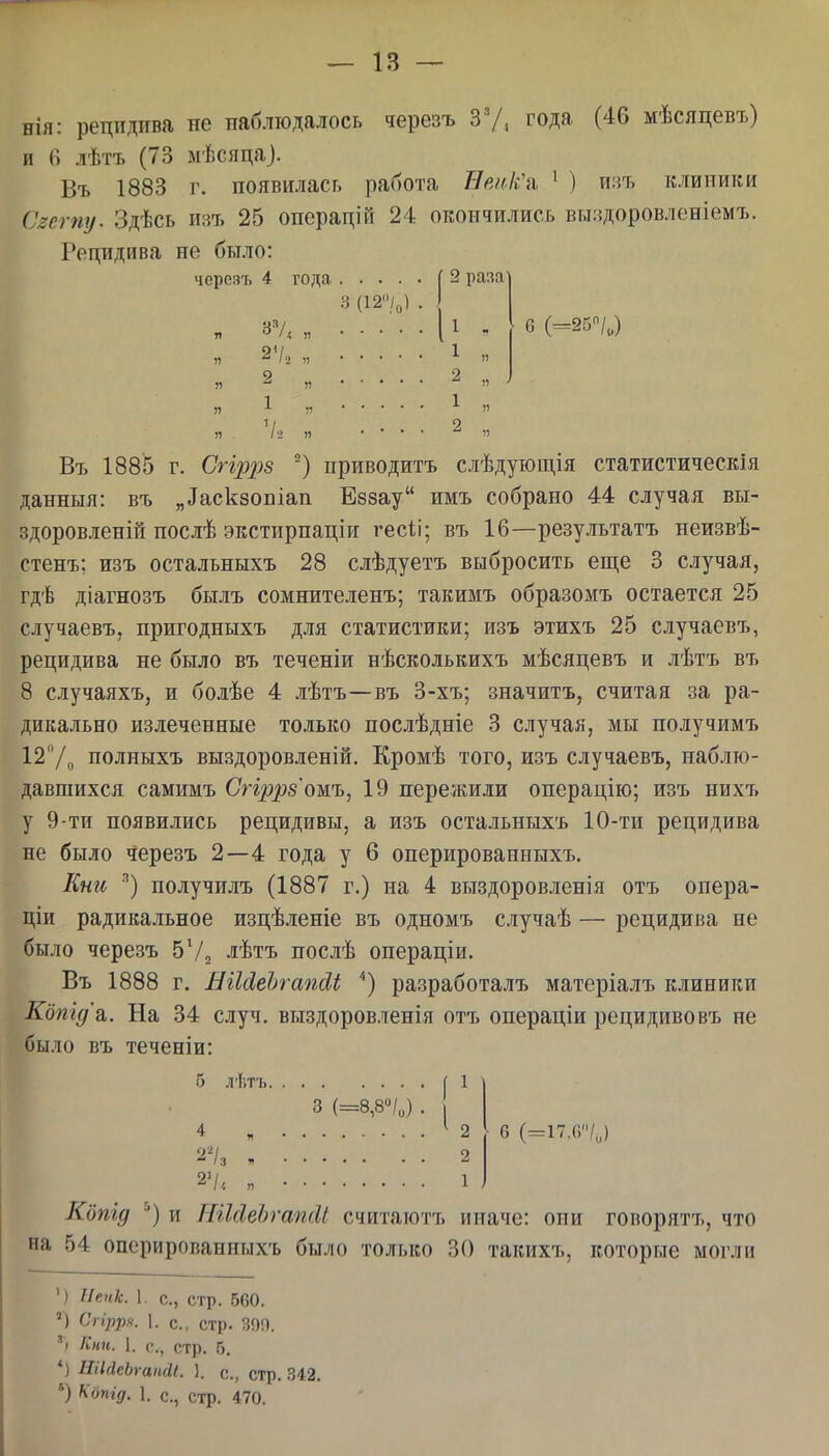 нія: рецпдпва не наблюдалось черезъ 3'/^ года (46 мѣсяцевъ) п О лѣтъ (73 мѣсяца). Въ 1883 г. появилась работа Велк^іі ' ) шъ клиники Сгешу. Здѣсь изъ 25 операцій 24 окончились выадоровленіемъ. Рецидива не было: черезъ 4 годя (2 раза 3 (12'7„) 2Ѵ2 „ 2 1 „ 6 (=25/,) Въ 1885 г. Сггррз ') приводить слѣдующія статистическія данныя: въ „^аск80^іа11 Еззау имъ собрано 44 случая вы- здоровленій нослѣ экстирпаціи гес<;і; въ 16—результатъ неизвѣ- стенъ; изъ остальныхъ 28 слѣдуетъ выбросить еще 3 случая, гдѣ діагнозъ былъ сомнителенъ; такимъ образомъ остается 25 случаевъ, пригодныхъ для статистики; изъ этихъ 25 случаевъ, рецидива не было въ теченіи нѣсколькихъ мѣсяцевъ и лѣтъ въ 8 случаяхъ, и болѣе 4 лѣтъ—въ 3-хъ; значить, считая за ра- дикально излеченные только послѣдніе 3 случая, мы получимъ 12'У„ нолныхъ выздоровленій. Кромѣ того, изъ случаевъ, наблю- давшихся самимъ Сгіррз'ожъ, 19 пережили онерацію; изъ нихъ у 9-ти появились рецидивы, а изъ остальныхъ 10-ти рецидива не было черезъ 2—4 года у 6 оперированныхъ. Кто получилъ (1887 г.) на 4 выздоровленія отъ онера- ціи радикальное изцѣленіе въ одномъ случаѣ — рецидива не было черезъ 5Ѵ2 лѣтъ послѣ операціи. Въ 1888 г. НіЫеЬгапЛЬ *) разработалъ матеріалъ клиники Копідді. На 34 случ. выздоровленія отъ онераціи рецидивовъ не было въ теченіи: 5 лі.тъ 3 (=8,8''/„) [ 1 ^ I 2% О (=17.0/и) Кбпід '■) и НіЫеЬгапШ считаютъ иначе: они говорятъ, что на 54 оперированныхъ было только 30 такихъ, которые могли ') Иеик. 1 с, стр. 560. ') Сггрря. 1. е.. стр. ЗПО. 'і Кии. 1. е., стр. Г). *) ШІйеЬгапйІ. 1. е., стр. 342. ) ^опгд. 1. е., стр. 470.