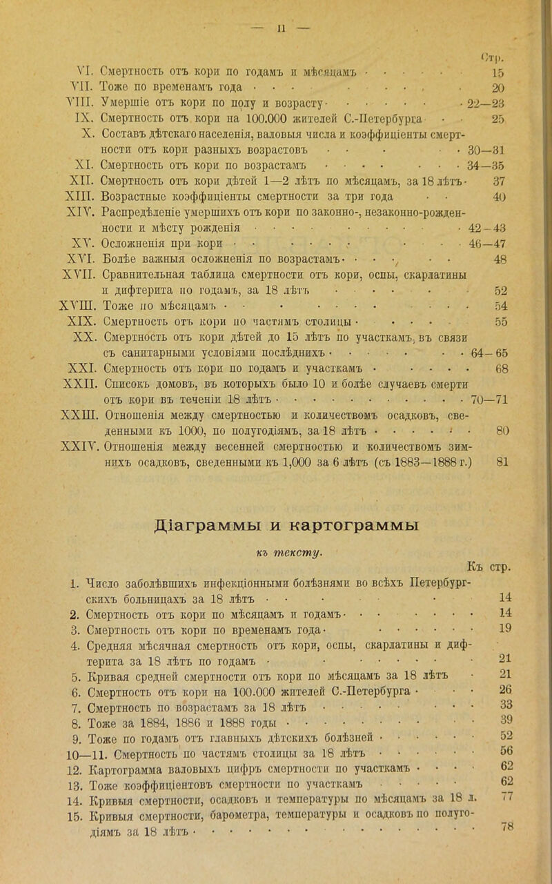 Стр. VI. Смертность отъ кори по годамъ и мѣсяцимъ 15 Л'И. Тоже по временаиъ года ... .... 20 Л'Ш. Умершіе отъ кори по полу и возрасту • 22—23 IX. Смертность отъ кори на 100.000 зкителей С.-Петербурга • • 25 X. Составъ дѣтскагонаселенія, валовыя числа и коэффиціенты смерт- ности отъ кори разныхъ возрастовъ • • • • • 30—31 XI. Смертность отъ кори по возрастамъ .... ... 34—35 XII. Смертность отъ кори дѣтей 1—2 лѣтъ по мѣсяцамъ, за18лѣтъ- 37 XIII. Возрастные коэффиціенты смертности за три года • • 40 XIV. Распредѣленіе умершихъ отъ кори по законно-, незаконно-рожден- ности ж мѣсту рожденія .... -42-43 XV. Осложненія при кори • . • • • ... 46—47 XVI. Болѣе важныя осложненія по возрастамъ• • ' •, ■ ■ 48 XVII. Сравнительная таблица смертности отъ кори, оспы, скарлатины и дифтерита но годамъ, за 18 лѣтъ ..... 52 ХѴІП. Тоже по ыѣсяцамъ • • • .... .... 54 XIX. Смертность отъ кори но частямъ столицы • ... 55 XX. Смертность отъ кори дѣтей до 15 лѣтъ по участкамЪ; въ связи съ санитарными условіями послѣднихъ • . 64- 65 XXI. Смертность отъ кори по годамъ и участкамъ • .... 68 XXII. Списокъ домовъ, въ которыхъ было 10 и болѣе случаевъ смерти отъ кори въ теченіи 18 лѣтъ 70—71 ХХШ. Отношенія между смертностью и количествомъ осадковъ, све- денными къ 1000, по полугодіямъ, за 18 лѣтъ ....... 80 XXIV. Отношенія между весенней смертностью и количествомъ зим- нихъ осадковъ, сведенными къ 1,000 за 6 лѣтъ (съ 1883—1888 г.) 81 Діаграммы и картограммы кг тексту. Къ 1. Число заболѣвшихъ инфекціонными болѣзнями во всѣхъ Петербург- скихъ больницахъ за 18 лѣтъ • • 2. Смертность отъ кори по мѣсяцамъ и годамъ 3. Смертность отъ кори по временамъ года- 4. Средняя мѣсячная смертность отъ кори, оспы, скарлатины и диф- терита за 18 лѣтъ по годамъ • ■ 5. Кривая средней смертности отъ корн по мѣсяцамъ за 18 лѣтъ 6. Смертность отъ кори на 100.000 жителей С.-Петербурга . • • 7. Смертность по возрастамъ за 18 лѣтъ ... 8. Тоже за 1884, 1886 и 1888 годы 9. Тоже по годамъ отъ главпыхъ дѣтскихъ болѣзней 10—11. Смертность по частямъ столицы за 18 лѣтъ 12. Картограмма валовыхъ цифръ смертности по участкамъ . • • ■ 13. Тоже коэффиціеитовъ смертности по участкамъ . . . . • 14. Кривыя смертности, осадковъ и температуры по мѣсяцамъ за 18 л. 15. Кривыя смертности, барометра, температуры и осадковъ по полуго- діямъ за 18 лѣтъ