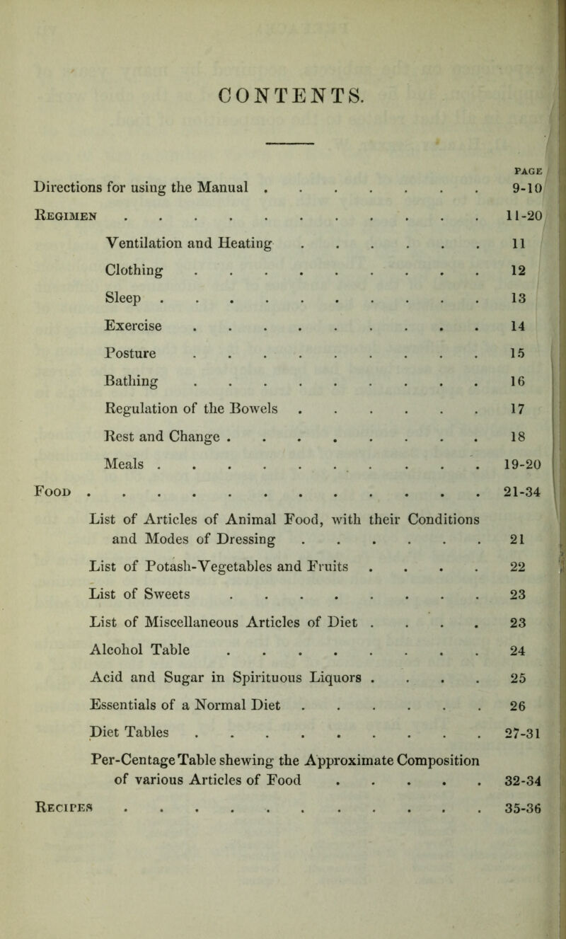 CONTENTS. Directions for using the Manual , • • • PAGE 9-10 Regimen 11-20 Ventilation and Heating • • • 11 Clothing ..... « • # 12 Sleep ...... . 13 Exercise • • • 14 Posture 15 Bathing ..... • • • 16 Regulation of the Bowels . 17 Rest and Change .... • • • 18 Meals » • • 19-20 Food 21-34 List of Articles of Animal Food, with and Modes of Dressing their Conditions • • • • 21 List of Potash-Vegetables and Fruits • • • 22 List of Sweets .... • • • 23 List of Miscellaneous Articles of Diet • • • 23 Alcohol Table .... • • • 24 Acid and Sugar in Spirituous Liquors • • • 25 Essentials of a Normal Diet . 26 Diet Tables ..... 27-31 Per-Centage Table shewing the Approximate Composition of various Articles of Food 32-34 Recipe.s 35-36