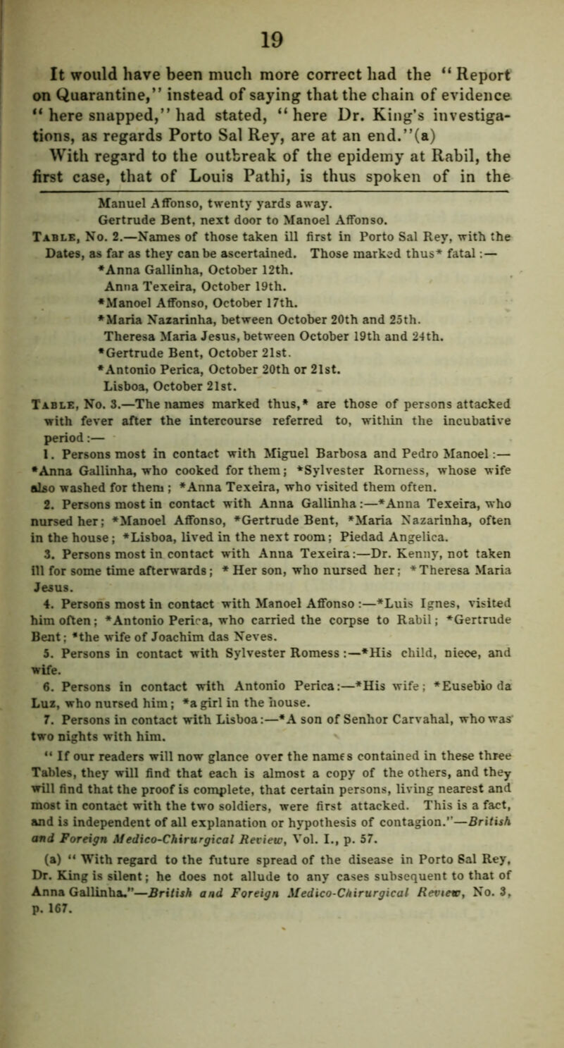 It would have been much more correct had the “ Report on Quarantine,” instead of saying that the chain of evidence “ here snapped,” had stated, “here Dr. King’s investiga- tions, as regards Porto Sal Rey, are at an end.”(a) With regard to the outbreak of the epidemy at Rahil, the first case, that of Louis Pathi, is thus spoken of in the Manuel A Afonso, twenty yards away. Gertrude Bent, next door to Manoel Affonso. Table, No. 2.—Names of those taken ill first in Porto Sal Rey, with the Dates, as far as they can be ascertained. Those marked thus* fatal :— ♦Anna Gallinha, October 12th. Anna Texeira, October 19th. ♦Manoel Affonso, October 17th. ♦Maria Nazarinha, between October 20th and 25th. Theresa Maria Jesus, between October 19tli and 24th. ♦Gertrude Bent, October 21st. ♦Antonio Perica, October 20th or 21st. Lisboa, October 21st. Table, No. 3.—The names marked thus,* are those of persons attacked with fever after the intercourse referred to, within the incubative period:— 1. Persons most in contact with Miguel Barbosa and Pedro Manoel:— •Anna Gallinha, who cooked for them; ‘Sylvester Romess, whose wife also washed for them ; *Anna Texeira, who visited them often. 2. Persons most in contact with Anna Gallinha:—*Anna Texeira, who nursed her; ‘Manoel Affonso, ♦Gertrude Bent, ‘Maria Nazarinha, often in the house; ‘Lisboa, lived in the next room; Piedad Angelica. 3. Persons most in contact with Anna Texeira:—Dr. Kenny, not taken ill for some time afterwards; * Her son, who nursed her; ‘Theresa Maria Jesus. 4. Persons most in contact with Manoel Affonso :—‘Luis Ignes, visited him often; ‘Antonio Perica, who carried the corpse to Rabil; ‘Gertrude Bent; ‘the wife of Joachim das Neves. 5. Persons in contact with Sylvester Romess *His child, niece, and wife. 6. Persons in contact with Antonio Perica:—*His wife: ‘Eusebio da Luz, who nursed him; *a girl in the house. 7. Persons in contact with Lisboa:—*A son of Senhor Carvahal, who was two nights with him. 44 If our readers will now glance over the names contained in these three Tables, they will find that each is almost a copy of the others, and they will find that the proof is complete, that certain persons, living nearest and most in contact with the two soldiers, were first attacked. This is a fact, and is independent of all explanation or hypothesis of contagion.”—British and Foreign Medico-Chirurgical Review, Vol. I., p. 57. (a) 44 With regard to the future spread of the disease in Porto Sal Rey, Dr. King is silent; he does not allude to any cases subsequent to that of Anna Gallinha.”—British and Foreign Sfedico-Chirurgical Review, No. 3, p. 167.