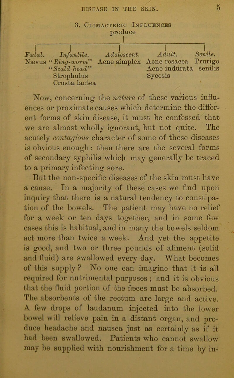 3. Climacteric Influences produce Foetal. Infantile. Adolescent. Adult. Senile. Nsevus “Ring-worm” Acne simplex Acne rosacea Prurigo “Scald head” Acne indurata senilis Strophulus Sycosis Crusta lactea Now, concerning the nature of these various influ- ences or proximate causes which determine the differ- ent forms of skin disease, it must be confessed that we are almost wholly ignorant, but not quite. The acutely contagious character of some of these diseases is obvious enough: then there are the several forms of secondary syphilis which may generally be traced to a primary infecting sore. But the non-specific diseases of the skin must have a cause. In a majority of these cases we find upon inquiry that there is a natural tendency to constipa- tion of the bowels. The patient may have no relief for a week or ten days together, and in some few cases this is habitual, and in many the bowels seldom act more than twice a week. And yet the appetite is good, and two or three pounds of aliment (solid and fluid) are swallowed every day. What becomes of this supply ? No one can imagine that it is all required for nutrimental purposes ; and it is obvious that the fluid portion of the froces must be absorbed. The absorbents of the rectum are large and active. A few drops of laudanum injected into the lower bowel will relieve pain in a distant organ, and pro- duce headache and nausea just as certainly as if it had been swallowed. Patients who cannot swallow may be supplied with nourishment for a time by in-