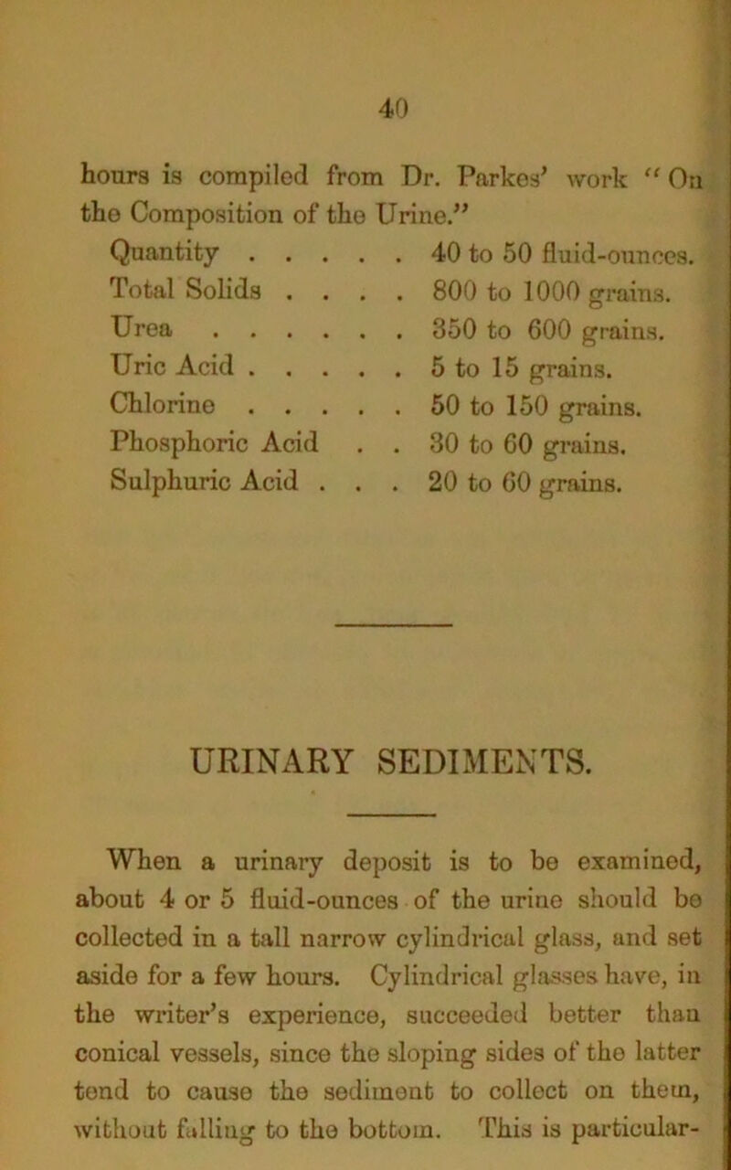 hours is compiled from Dr. Parked work “ Oti the Composition of the Urine.” Quantity Total Solids . . . . Urea Uric Acid Chlorine Phosphoric Acid . . Sulphuric Acid . . . 40 to 50 fluid-ounces. 800 to 1000 grains. 350 to 600 grains. 5 to 15 grains. 50 to 150 grains. 30 to 60 grains. 20 to 60 grains. URINARY SEDIMENTS. When a urinary deposit is to be examined, about 4 or 5 fluid-ounces of the urine should bo collected in a tall narrow cylindrical glass, and set aside for a few hours. Cylindrical glasses have, in the writer’s experience, succeeded better than conical vessels, since the sloping sides of the latter tend to cause the sediment to collect on them, without falling to the bottom. This is particular-