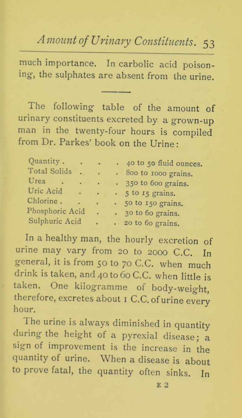 much importance. In carbolic acid poison- ing-, the sulphates are absent from the urine. The following- table of the amount of urinary constituents excreted by a g-rown-up man in the twenty-four hours is compiled from Dr. Parkes’ book on the Urine: Quantity . Total Solids . Urea Uric Acid Chlorine . Phosphoric Acid Sulphuric Acid . 40 to 50 fluid ounces. . 800 to 1000 grains. • 350 to 600 grains. • 5 to grains. . 50 to 150 grains. . 30 to 60 grains. . 20 to 60 grains. In a healthy man, the hourly excretion of urine may vary from 20 to 2000 C.C. In g-eneral, it is from 50 to 70 C.C. when much drink is taken, and 40 to 60 C.C. when little is taken. One kilogramme of body-weight, therefore, excretes about i C.C. of urine every hour. 1 he urine is always diminished in c|uantity during the height of a pyrexial disease; a sign of improvement is the increase in the quantity of urine. When a disease is about to prove fatal, the quantity often sinks. In