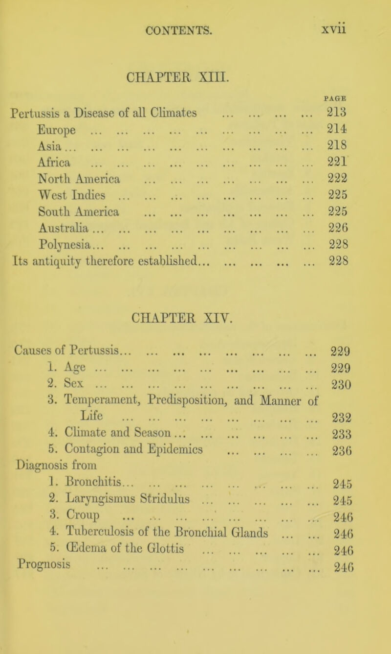 CHAPTER XIII. PAGE Pertussis a Disease of all Climates 213 Europe 214 Asia 218 Africa 221 North America 222 West Indies 225 South America 225 Australia 226 Polynesia 228 Its antiqiuty therefore established 228 CHAPTER XIV. Causes of Pertussis 229 1. Age 229 2. Sex 230 3. Temperament, Predisposition, and Manner of Life 232 4. Climate and Season 233 5. Contagion and Epidemics 236 Diagnosis from 1. Bronchitis 245 2. Laryngismus Stridulus 245 3. Croup ■ 246 4. Tubercidosis of the Bronchial Glands 246 5. ffidema of the Glottis 246 Prognosis 246