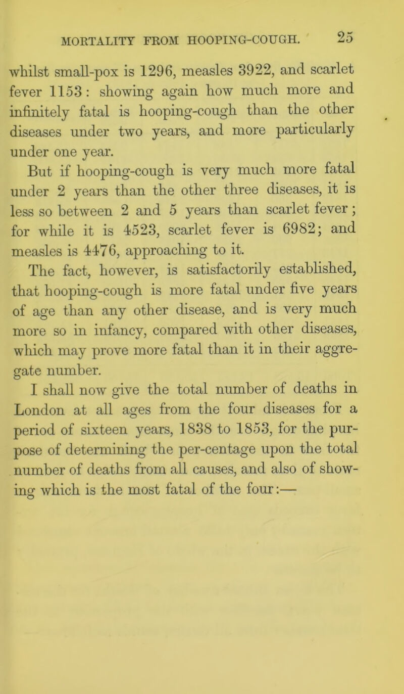 whilst small-pox is 1296, measles 3922, and scarlet fever 1153: showing again how much more and infinitely fatal is hooping-cough than the other diseases under two years, and more particularly under one year. But if hooping-cough is very much more fatal under 2 years than the other three diseases, it is less so between 2 and 5 years than scarlet fever; for while it is 4523, scarlet fever is 6982; and measles is 4476, approaching to it. The fact, however, is satisfactorily established, that hooping-cough is more fatal under five years of age than any other disease, and is very much more so in infancy, compared with other diseases, which may prove more fatal than it in their aggre- gate number. I shall now give the total number of deaths in London at all ages from the four diseases for a period of sixteen years, 1838 to 1853, for the pur- pose of determining the per-centage upon the total number of deaths from all causes, and also of show- ing which is the most fatal of the four;— O