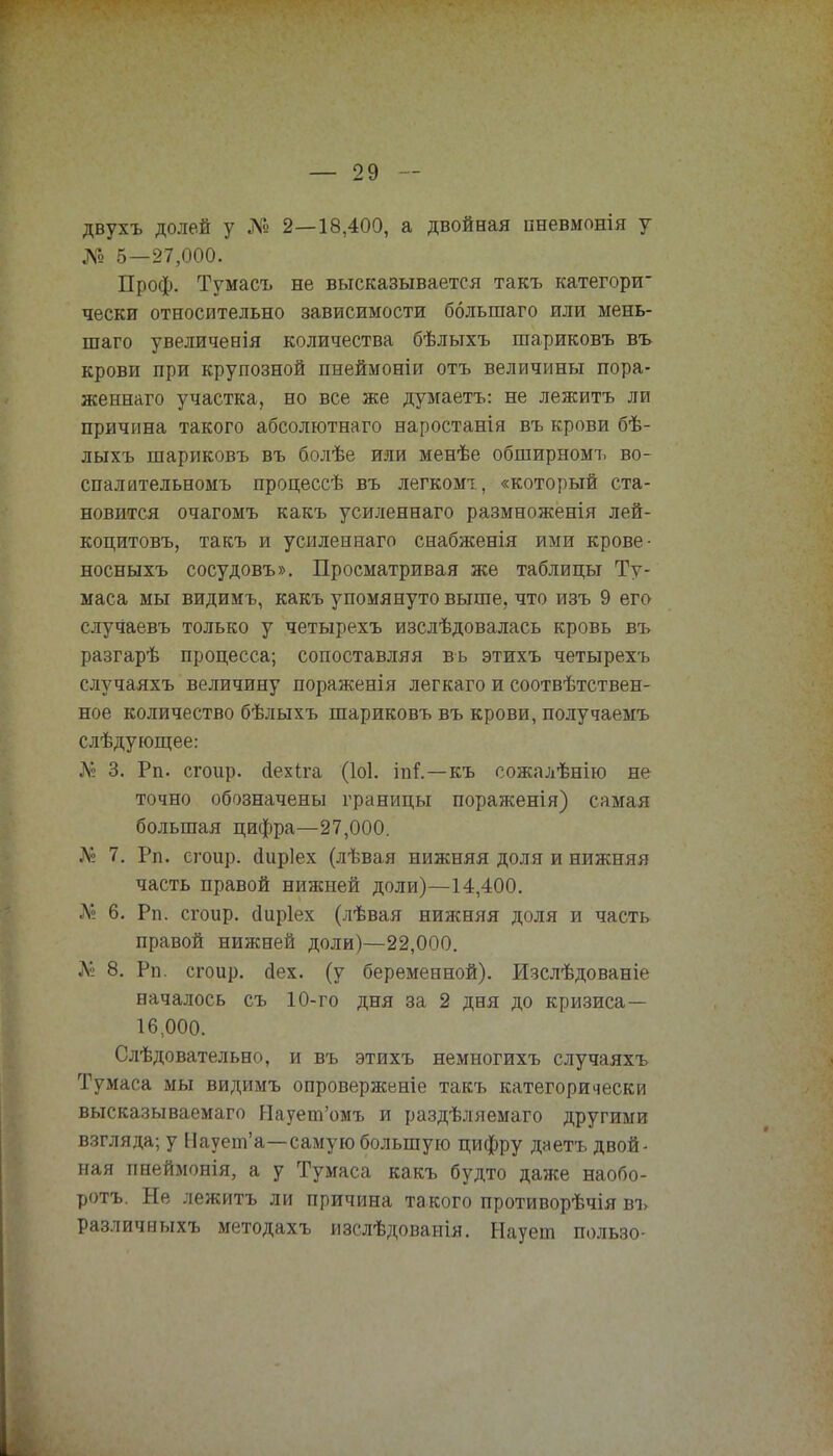 двухъ долей у № 2—18,400, а двойная пневмонія у № 5—27,000. Проф. Тумасъ не высказывается такъ категори чески относительно зависимости болыпаго или мень- шаго увеличенія количества бѣлыхъ шариковъ въ крови при крупозной пнеймоніи отъ величины пора- женнаго участка, но все же думаетъ: не лежитъ ли причина такого абсолютнаго наростанія въ крови бѣ- лыхъ шариковъ въ болѣе или менѣе обширномъ во- спалительномъ процессѣ въ легкомт, «который ста- новится очагомъ какъ усиленнаго размноженія лей- коцитовъ, такъ и усиленнаго снабженія ими крове- носныхъ сосудовъ». Просматривая же таблицы Ту- маса мы видимъ, какъ упомянуто выше, что изъ 9 его слуЧаевъ только у четырехъ изслѣдовалась кровь въ разгарѣ процесса; сопоставляя въ этихъ четырехъ случаяхъ величину пораженія легкаго и соотвѣтствен- ное количество бѣлыхъ шариковъ въ крови, получаемъ слѣдующее: Л? 3. Рп. сгоир. сіехіга (Іоі. іп!.—къ сожалѣнію не точно обозначены границы пораженія) самая большая цифра—27,000. № 7. Рп. сгоир. аиріех (лѣвая нижняя доля и нижняя часть правой нижней доли)—14,400. № 6. Рп. сгоир. сіиріех (лѣвая ниясняя доля и часть правой нижней доли)—22,000. Л» 8. Рп. сгоир. аех. (у беременной). Изслѣдованіе началось съ 10-го дня за 2 дня до кризиса— 16,000. Слѣдовательно, и въ этихъ немногихъ случаяхъ Тумаса мы видимъ опроверженіе такъ категорически высказываемаго Наует'омъ и раздѣляемаго другими взгляда; у Наует'а—самую большую цифру даетъ двой- ная пнеймонія, а у Тумаса какъ будто даже наобо- ротъ. Не лежитъ ли причина такого противорѣчія въ различныхъ методахъ изслѣдованія. Науеіп пользо-