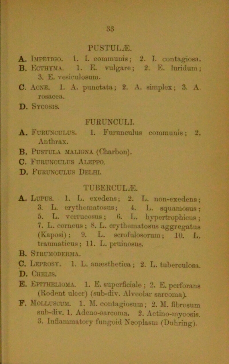 PnSTUL.E. A. Impetigo. 1. I. commuuig; 2. I. contagiosa. B. Ecthyma. 1. E. vulgare; 2. E. luriclum; 3. E. vesieiilosum. C. Acne. 1. A. punctata; 2. A. simplex; 3. A, rosacea. D. Sycosis. FURUNCULI. A. FuRUNculu.S. 1. Furnnculus communis; 2. Anthrax. B. PUSTUX-A MALIGNA (Charbon). C. Fuuunculus Aleppo. D. Fuuunculus Delhi. TUBERCUL.E. A. LuPU.s. 1. L. exedens; 2. L. non-cxedons; 3. L. erythc'matosus; 4. L. squamosus; 5. L. verrucosus; (>. L. hypertrophicus; 7. L. corueus ; 8. L. erj^theniatosus aggpregatus (Kajmsi); 1). L. scroftilosorum; 10. L. tmumaticus; 11. L. pniinosus. B. Stuumodeuma. C. Leprosy. 1. L. anrosthetica; 2. L. tuberculosa. D. Chelis. E. Epithelioma. 1. E. superficiale; 2. E. perforans (Rodent ulcer) (sub-div. Alveolar sarcoma). P. Molluscum. 1. M. contagiosum; 2. M. fibrosum suKdiv. 1. Adeno-sarcoma. 2. Actino-rayoosis.