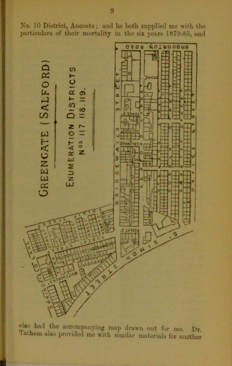 No. 10 District, Ana>ats ; and ho l>oth supplied me with the particulars of their mortality in the six years 1879-85, and also had the aeo<>mpanying map drawn out fur me. Dr. lutham also provided me with similar materials for another