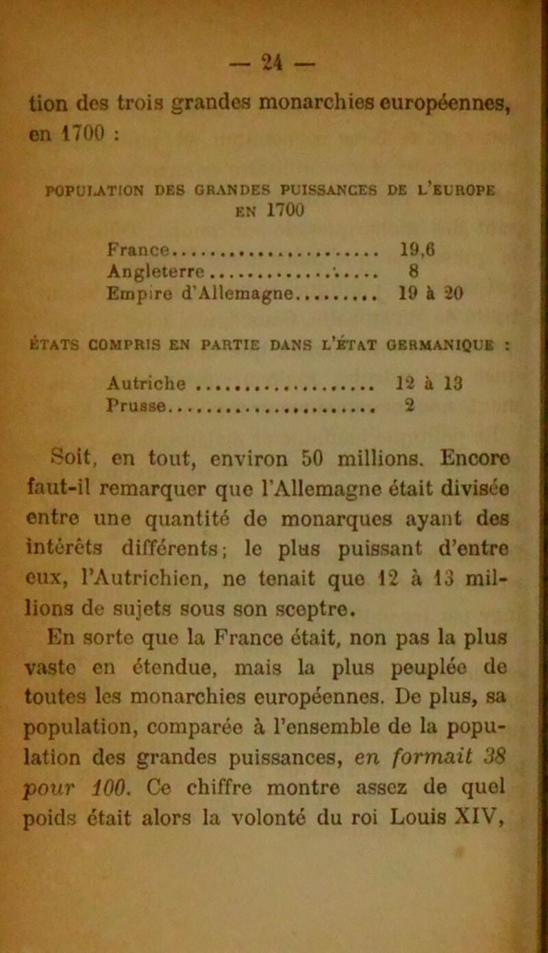 w — 24 — lion des trois grandes monarchies européennes, en 1700 ; POPUIATION DES GRANDES PUISSANCES DE l’eUROPE EN 170Ü France 19,6 Angleterre 8 Empire d’Allemagne 19 à 30 ÉTATS COMPRIS EN PARTIE DANS l’ÉTAT GERMANIQUE : Autriche 12 à 13 Prusse 2 Soit, en tout, environ 50 millions. Encore faut-il remarquer que l’Allemagne était divisée entre une quantité de monarques ayant des intérêts différents; le plus puissant d’entre eux, l’Autrichien, no tenait que 12 à 13 mil- lions de sujets sous son sceptre. En sorte que la France était, non pas la plus vaste en étendue, mais la plus peuplée de toutes les monarchies européennes. De plus, sa population, comparée à l’onsemble de la popu- lation des grandes puissances, en formait 38 pour 100. Ce chiffre montre assez de quel poids était alors la volonté du roi Louis XIV,