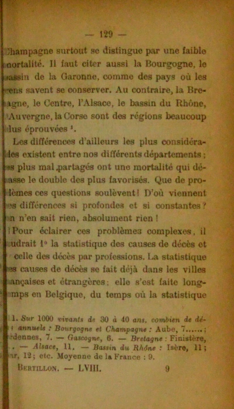 'hampagne surtout se distingue par une faible oortalité. Il faut citer aussi la Bourgogne, le .*assin de la Garonne, comme dos paya où les *'ens savent se conserver. Au contraire, la Bre- ügne, le Centre, l’Alsace, le bassin du Rhône, 'Auvergne, la Corse sont dos régions beaucoup lus éprouvées *. Los dUTérences d’ailleurs les plus considéra- Lies existent entre nos difïérents départements ; -«s plus mal^jartagés ont une mortalité qui dé- i\af«o le double des plus favorisés. Que de pro- lèmes ces questions soulèvent! D’où viennent ■es difTércnces si profondes et si constantes ! n n’en sait rien, absolument rien I ! Pour éclairer cos problèmea complexes, il udrait D la statistique des causes de décès et celle des décès par professions. I.A statistique causes de décès se fait déjà dans les villes ■ançaiscs et étrangères; elle s’est faite long- raps en Belgique, du temps où la statistique 1. Sur 1000 vivants dû 30 à 40 ont, combien de dé~ ! I «nnu«U : Bourgogne et Champagne ; Aube, 7 ; 'denuef, 7. — Gaico^ne, 6. — Bretagne : Finittère, • — Alsace, 11, — Bottin du Rhdne : Isère, 11; ■vr, 13; etc. Moyenne de la France : 9. Hkrtillon. — LVIII, 9