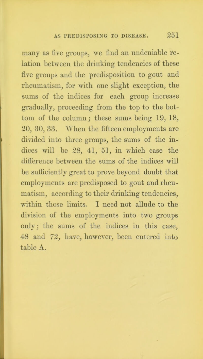 many as five groups, ive find an undeniable re- lation between the drinking tendencies of tliese five groups and the predisposition to gout and rheumatism, for with one slight exception, the sums of the indices for each group increase gradually, proceeding from the top to the bot- tom of the column; these sums being 19, 18, 20, 30, 33. When the fifteen employments are divided into three groups, the sums of the in- dices will be 28, 41, 51, in which case the difference between the sums of the indices will be sufficiently great to prove beyond doubt that employments are predisposed to gout and rheu- matism, according to their drinking tendencies, within those limits. I need not allude to the division of the employments into two groups only; the sums of the indices in this case, 48 and 72, have, however, been entered into table A.