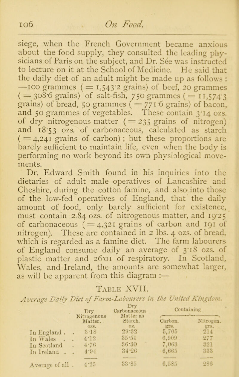 siege, when the French Government became anxious about the food supply, they consulted the leading phy- sicians of Paris on the subject, and Dr. See was instructed to lecture on it at the School of Medicine. He said that the daily diet of an adult might be made up as follows : — ioo grammes ( — 1,543'2 grains) of beef, 20 grammes ( = 308*6 grains) of salt-fish, 750 grammes ( = 11,574*3 grains) of bread, 50 grammes ( = 771*6 grains) of bacon, and 50 grammes of vegetables. These contain 3*14 ozs. of dry nitrogenous matter ( = 235 grains of nitrogen) and 18*53 ozs* °f carbonaceous, calculated as starch (=4,241 grains of carbon); but these proportions are barely sufficient to maintain life, even when the body is performing no work beyond its own physiological move- ments. Dr. Edward Smith found in his inquiries into the dietaries of adult male operatives of Lancashire and Cheshire, during the cotton famine, and also into those of the low-fed operatives of England, that the daily amount of food, only barely sufficient for existence, must contain 2.84 ozs. of nitrogenous matter, and 19*25 of carbonaceous ( = 4,321 grains of carbon and 191 of nitrogen). These are contained in 2 lbs. 4 ozs. of bread, which is regarded as a famine diet. The farm labourers of England consume daily an average of 3*18 ozs. of plastic matter and 26*01 of respiratory. In Scotland, Wales, and Ireland, the amounts are somewhat larger, as will be apparent from this diagram :— Table XVII. Average Daily Diet of Farm-Labourers in the United Kingdom. Dry Carbonaceous Containir >g Nitrogenous Matter as c K— Matter. Starch. Carbon. Nitrogen. ozs. oz. RTS. grs. In England . . 3*18 29-32 5,705 214 In Wales . 4*12 35*51 6,909 277 In Scotland . 4*7(1 36-30 7,063 321 In Ireland . 4*04 34*26 6,665 333