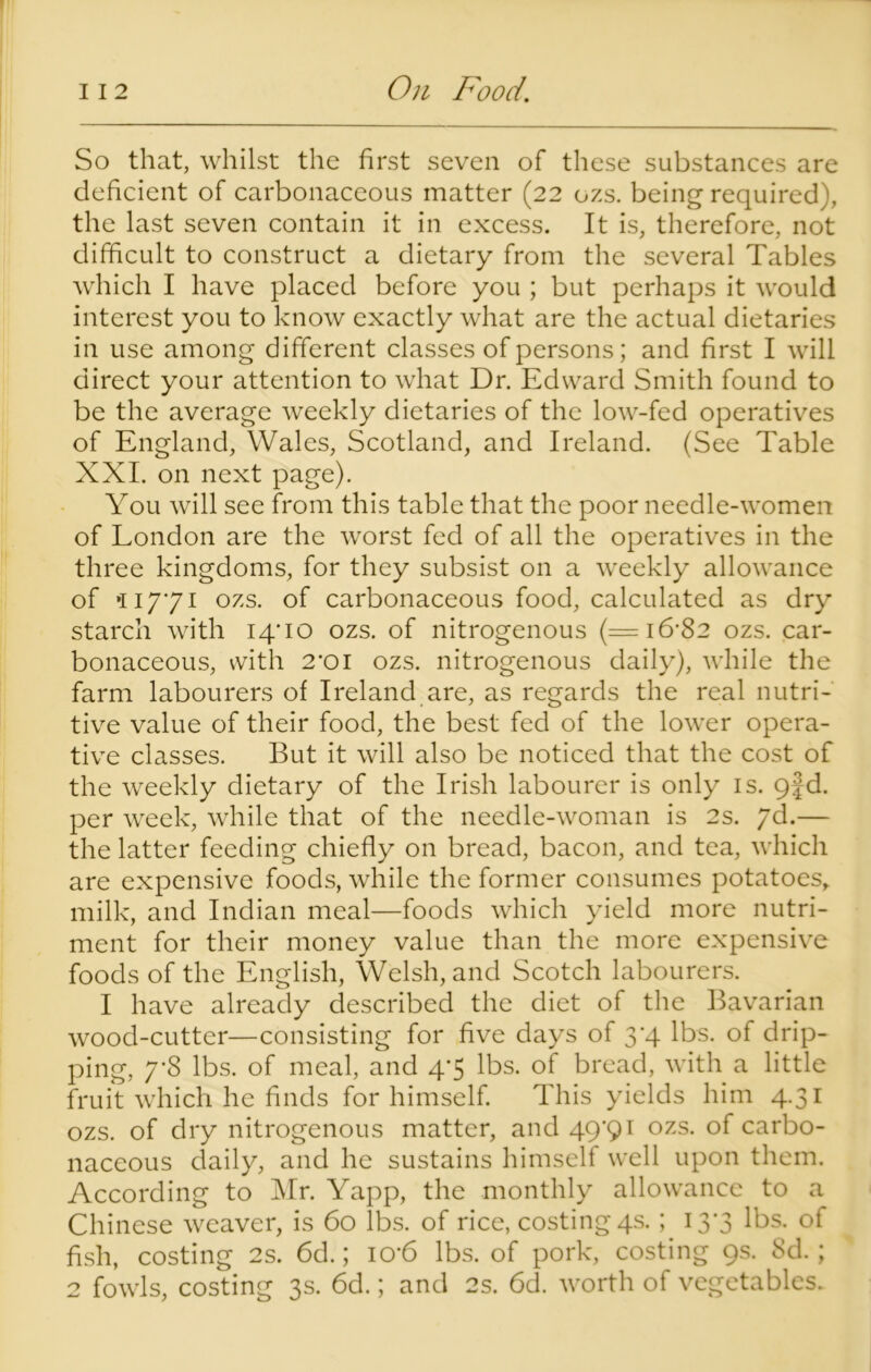 So that, whilst the first seven of these substances are deficient of carbonaceous matter (22 ozs. being required), the last seven contain it in excess. It is, therefore, not difficult to construct a dietary from the several Tables which I have placed before you ; but perhaps it would interest you to know exactly what are the actual dietaries in use among different classes of persons; and first I will direct your attention to what Dr. Edward Smith found to be the average weekly dietaries of the low-fed operatives of England, Wales, Scotland, and Ireland. (See Table XXI. on next page). You will see from this table that the poor needle-women of London are the worst fed of all the operatives in the three kingdoms, for they subsist on a weekly allowance of *11771 ozs. of carbonaceous food, calculated as dry starch with 14*10 ozs. of nitrogenous (= 16*82 ozs. car- bonaceous, with 2*oi ozs. nitrogenous daily), while the farm labourers of Ireland are, as regards the real nutri- tive value of their food, the best fed of the lower opera- tive classes. But it will also be noticed that the cost of the weekly dietary of the Irish labourer is only is. g%d. per week, while that of the needle-woman is 2s. 7d.— the latter feeding chiefly on bread, bacon, and tea, which are expensive foods, while the former consumes potatoes, milk, and Indian meal—foods which yield more nutri- ment for their money value than the more expensive foods of the English, Welsh, and Scotch labourers. I have already described the diet of the Bavarian wood-cutter—consisting for five days of 3'4 lbs. of drip- ping, 7*8 lbs. of meal, and 4*5 lbs. of bread, with a little fruit which he finds for himself. This yields him 4.31 ozs. of dry nitrogenous matter, and 49*91 ozs. of carbo- naceous daily, and he sustains himself well upon them. According to Mr. Yapp, the monthly allowance to a Chinese weaver, is 60 lbs. of rice, costing 4s.; 13*3 lbs. of fish, costing 2s. 6d.; io*6 lbs. of pork, costing 9s. Sd.; 2 fowls, costing 3s. 6d.; and 2s. 6d. worth of vegetables.