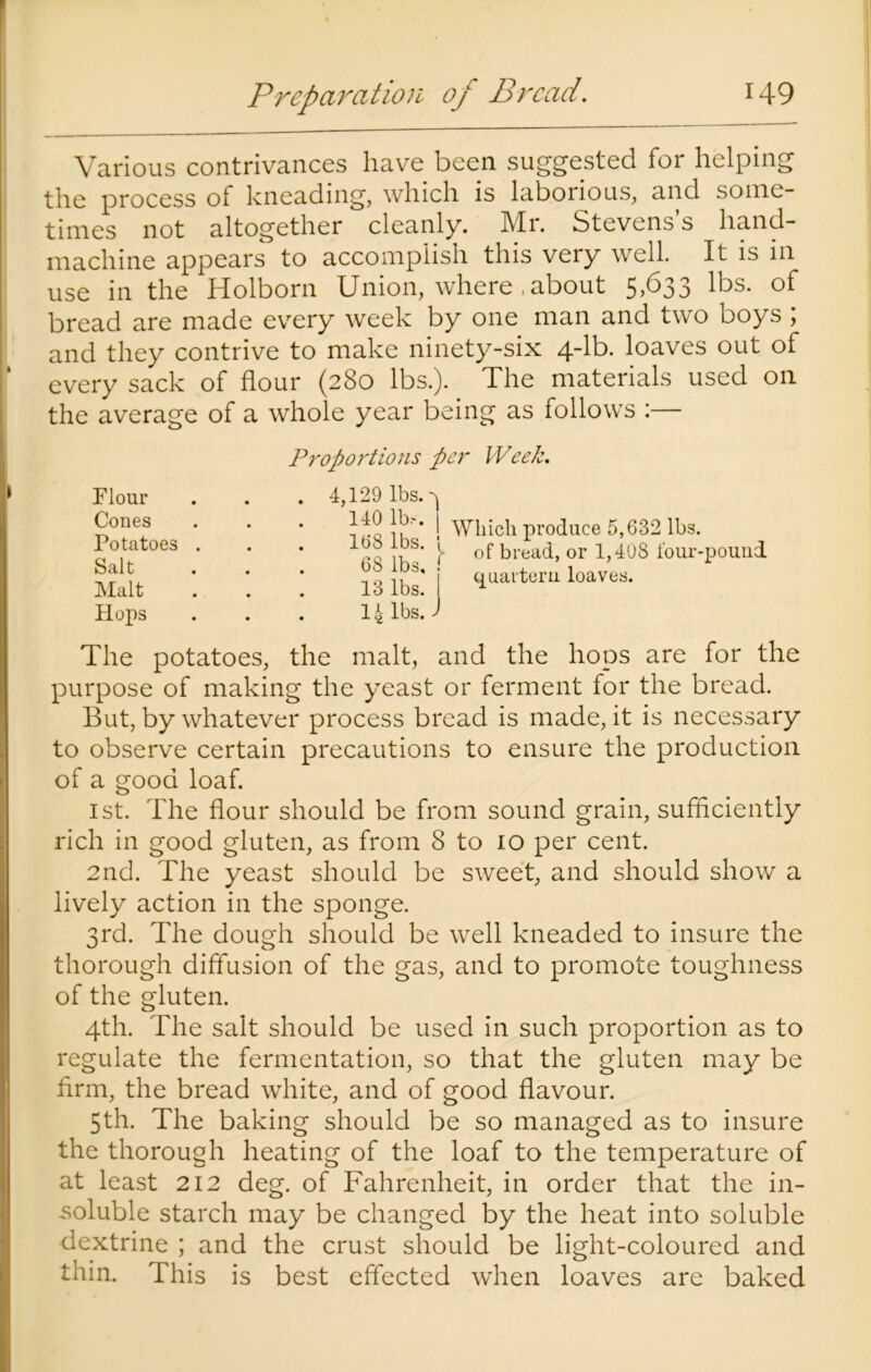 Various contrivances have been suggested for helping the process of kneading, which is laborious, and some- times not altogether cleanly. Mi. Stevens s hand- machine appears to accomplish this very well. It is in use in the Holborn Union, where .about 5V33 lbs. of bread are made every week by one man and two boys , and they contrive to make ninety-six 4-lb. loaves out of every sack of flour (280 lbs.). The materials used on the average of a whole year being as follows :— Flour Cones Potatoes . Salt Malt Hops Proportions per IVeek. . 4,129 lbs. ^ i ik'* i Which produce 5,632 lbs. • eg ltr ^ °t bread, or 1,408 four-pound 12 j quartern loaves. . 14 lbs. ) The potatoes, the malt, and the hops are for the purpose of making the yeast or ferment for the bread. But, by whatever process bread is made, it is necessary to observe certain precautions to ensure the production of a good loaf. 1st. The flour should be from sound grain, sufficiently rich in good gluten, as from 8 to 10 per cent. 2nd. The yeast should be sweet, and should show a lively action in the sponge. 3rd. The dough should be well kneaded to insure the thorough diffusion of the gas, and to promote toughness of the gluten. 4th. The salt should be used in such proportion as to regulate the fermentation, so that the gluten may be firm, the bread white, and of good flavour. 5th. The baking should be so managed as to insure the thorough heating of the loaf to the temperature of at least 212 deg. of Fahrenheit, in order that the in- soluble starch may be changed by the heat into soluble dextrine ; and the crust should be light-coloured and thin. This is best effected when loaves are baked
