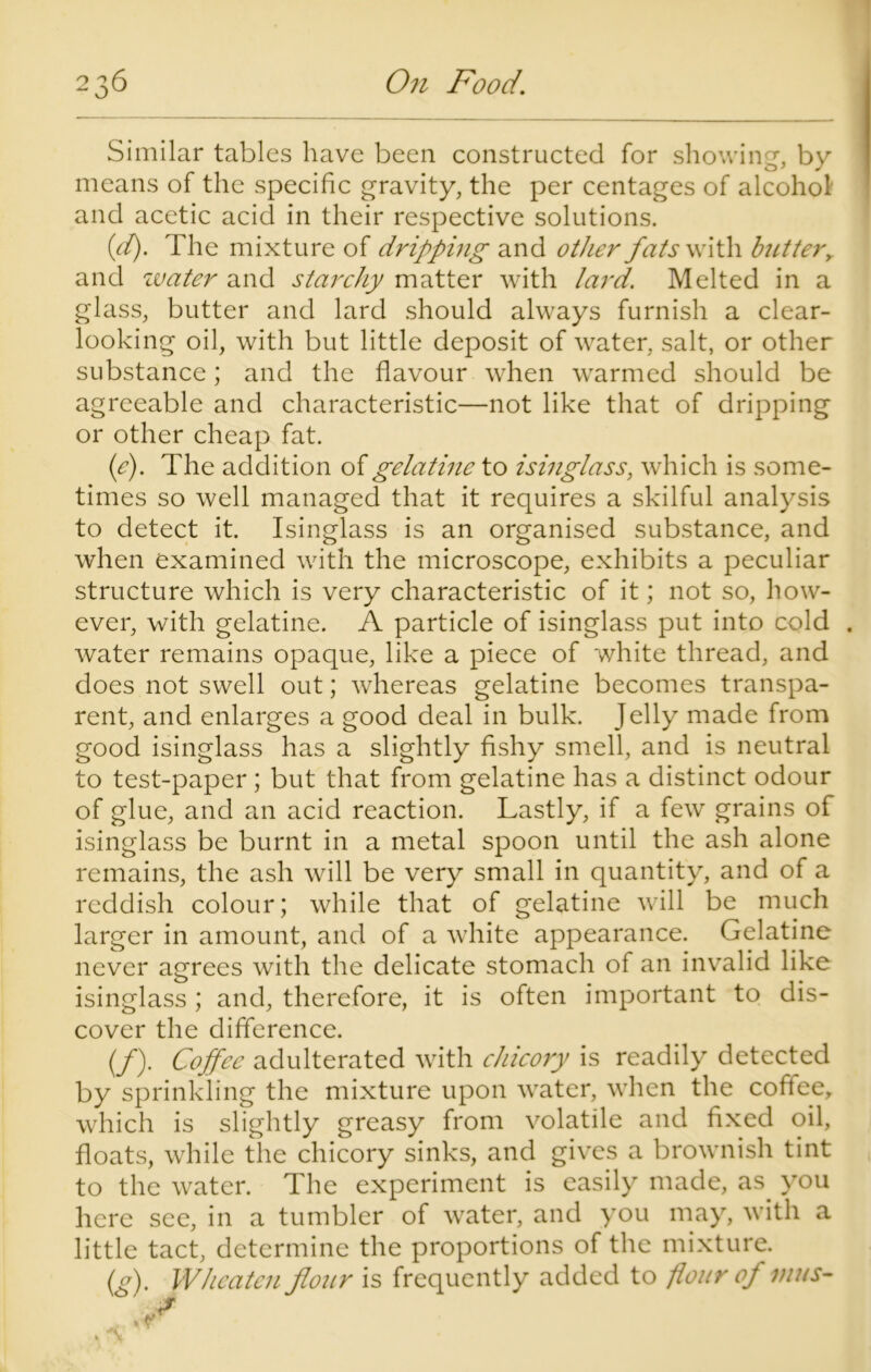 Similar tables have been constructed for showing-, by means of the specific gravity, the per centages of alcohol and acetic acid in their respective solutions. (cl). The mixture of dripping and other fats with buttery and water and starchy matter with lard. Melted in a glass, butter and lard should always furnish a clear- looking oil, with but little deposit of water, salt, or other substance; and the flavour when warmed should be agreeable and characteristic—not like that of dripping or other cheap fat. (c). The addition of gelatine to isinglass, which is some- times so well managed that it requires a skilful analysis to detect it. Isinglass is an organised substance, and when examined with the microscope, exhibits a peculiar structure which is very characteristic of it; not so, how- ever, with gelatine. A particle of isinglass put into cold . water remains opaque, like a piece of white thread, and does not swell out; whereas gelatine becomes transpa- rent, and enlarges a good deal in bulk. Jelly made from good isinglass has a slightly fishy smell, and is neutral to test-paper ; but that from gelatine has a distinct odour of glue, and an acid reaction. Lastly, if a few grains of isinglass be burnt in a metal spoon until the ash alone remains, the ash will be very small in quantity, and of a reddish colour; while that of gelatine will be much larger in amount, and of a white appearance. Gelatine never agrees with the delicate stomach of an invalid like isinglass ; and, therefore, it is often important to dis- cover the difference. (/). Coffee adulterated with chicory is readily detected by sprinkling the mixture upon water, when the coffee, which is slightly greasy from volatile and fixed oil, floats, while the chicory sinks, and gives a brownish tint to the water. The experiment is easily made, as. you here see, in a tumbler of water, and you may, with a little tact, determine the proportions of the mixture. (g). Whcatcn flour is frequently added to flour of inns- gw hB