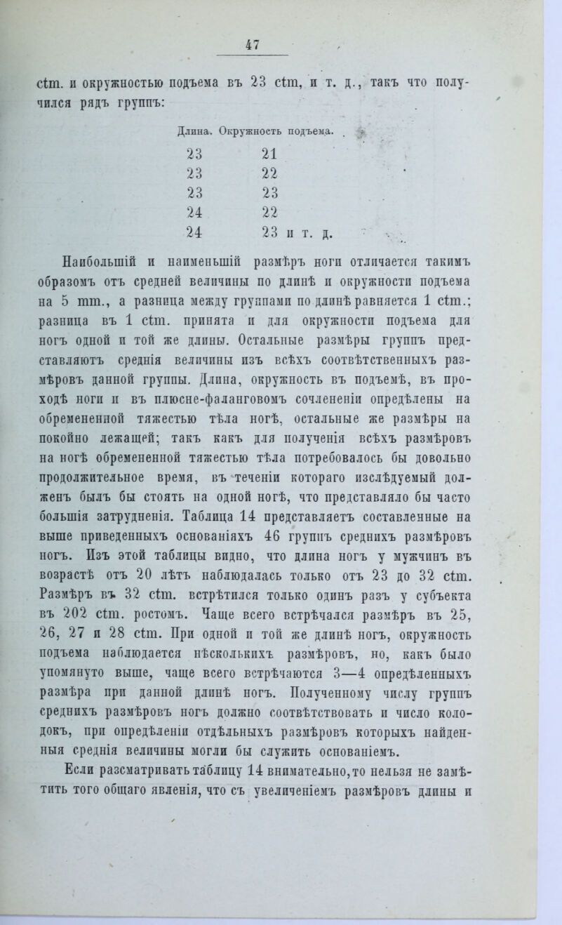 сілп. и окружностью подъема въ 23 сіт, и т. д., такъ что полу- чился рядъ группъ: Длина. Окружноеть подъема. 23 21 23 22 23 23 24 22 24 23 н т. д. • Наиболыпій и наименыпій размѣръ ногп отличается такпмъ образомъ отъ средней величины по длинѣ и окружности подъема на 5 тт., а разница между группами по длпнѣ равняется 1 сттп.; разница въ 1 сип. принята и для окружности подъема для ногъ одной и той же длины. Остальные размѣры группъ пред- ставляютъ среднія величины пзъ всѣхъ соотвѣтственныхъ раз- мѣровъ данной группы. Длина, окружность въ подъемѣ, въ про- ходѣ ногп п въ плюсне-фаланговомъ сочлененіи опредѣлены на обремененной тяжестью тѣла ногѣ, остальные же размѣры на покойно лежащей; такъ какъ для іюлученія всѣхъ размѣровъ на ногѣ обремененной тяжестью тѣла потребовалось бы довольно продолжительное время, въ теченіи котораго изслѣдуемый дол- женъ былъ бы стоять на одной ногѣ, что представляло бы часто болыпія затрудненія. Таблица 14 представляетъ составленные на выше прпведенныхъ основаніяхъ 46 группъ среднпхъ размѣровъ ногъ. Пзъ этой таблицы видно, что длина ногъ у мужчпнъ въ возрастѣ отъ 20 лѣтъ наблюдалась только отъ 23 до 32 сіиі. Размѣръ въ 32 сип. встрѣтплся только одпнъ разъ у субъекта въ 202 сип. ростомъ. Чаще всего встрѣчался размѣръ въ 25, 26, 27 и 28 сип. При одной и той же длпнѣ ногъ, окружность подъема наблюдается нѣсколькпхъ размѣровъ, но, какъ было упомянуто выше, чаще всего встрѣчаются 3—4 опредѣленныхъ размѣра при данной длпнѣ ногъ. Полученному числу группъ среднихъ размѣровъ ногъ должно соотвѣтствовать и число коло- докъ, при оиредѣленш отдѣльныхъ размѣровъ которыхъ найден- ныя среднія величины могли бы служить основаніемъ. Если разсматрпвать таблицу 14 внимательного нельзя не замѣ- тить того общаго явленія, что съ увеличеніемъ размѣровъ длины и