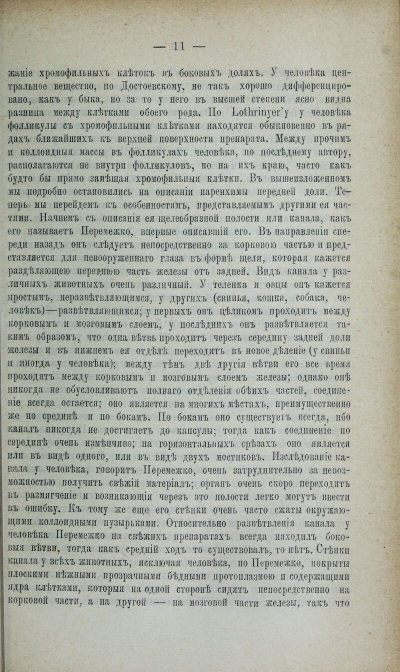 — и — жаніе хромофильныхъ клѣтокъ нъ боковыгь доляхъ. У человѣка цен- тральное вещество, по Достоевскому, не такъ хороню дифференциро- вано, какъ у быка, но за то у него въ высшей степени ясно видна разнила между клѣтками обоего рода. По Ьоі1шпуег'у у человѣка фолликулы съ хромофильными кльтками находятся обыкновенно въ ря- дахъ ближайшихъ къ верхней поверхности препарата. Между ирочимъ и коллоидный массы въ фолликулахъ человѣка, по послѣднему автору, располагаются не внутри фолликуловъ, но на ихъ краю, часто какъ будто бы прямо замѣщая хромофилыіыя клѣткн. Въ вышеизложенномъ мы подробно остановились на описаніи паренхимы передней доли. Те- перь мы перейдемъ къ особенностям^ представляемымъ другими ея час- тями. Начнемъ съ описанія ея щелеобразной полости или канала, какъ его называешь Деремежко, впервые описавшій его. Въ наиравленіи спе- реди назадъ онъ слѣдуетъ непосредственно за корковою частью и пред- ставляется для невооруженная глаза въ формѣ щели, которая кажется раздѣляющею переднюю часть железы отъ задней. Видъ канала у раз- личныхъ животныхъ очень различный. У теленка и овцы онъ кажется иростымъ, неразвѣтвляющимся, у другихъ (свинья, кошка, собака, че- ло вѣкъ)—развѣтвлягощимся; у первыхъ онъ цѣликомъ проходитъ между корковымъ и мозговымъ слоемъ, у послѣднихъ онъ развѣтвляется та- кимъ образомъ, что одна вѣтвь проходитъ черезъ середину задней доли железы и въ нижнемъ ея отдѣлѣ иереходитъ въ новое дѣленіе (у свиньи и иногда у человѣка); между тѣмъ двѣ другія вѣтви его все время проходятъ между корковымъ и мозговымъ слоемъ железы; однако онѣ никогда не обусловливают полнаго отдѣленія обѣихъ частей, соедине- ніе всегда остается; оно является на мкогихъ мѣстахъ, преимущественно же но срединѣ и по бокамъ. По бокамъ оно существуеіъ всегда, ибо каналъ никогда не достигаете до капсулы; тогда какъ соединеніе по серединѣ очень измѣнчиво; на горизонтальвыхъ срѣзахъ оно является или въ видѣ одного, или въ видѣ двухъ мостиковъ. Изслѣдованіе ка- нала у человѣка, говоритъ Деремежко, очень затруднительно за невоз- можностью получить свѣжій матеріалъ; органъ очень скоро переходить въ размягченіе и возникающія черезъ это полости легко могутъ ввести въ ошибку. Къ тому же еще его стѣнки очень часто сжаты окружаю- щими коллоидными пузырьками. Относительно развѣтвленія канала у человѣка Деремежко на свѣжихъ препаратахъ всегда иаходилъ боко- выя вѣтви, тогда какъ средній ходъ то существовал^ то нѣтъ. Стѣики канала у всѣхъ животныхъ, исключая человѣка, по Деремежко, покрыты плоскими нѣжными прозрачными бѣдными протоплазмою и содержащими ядра клѣтками, которыя на одной сторонѣ сидятъ непосредственно на корковой части, а па другой — на мозговой части железы, такъ что