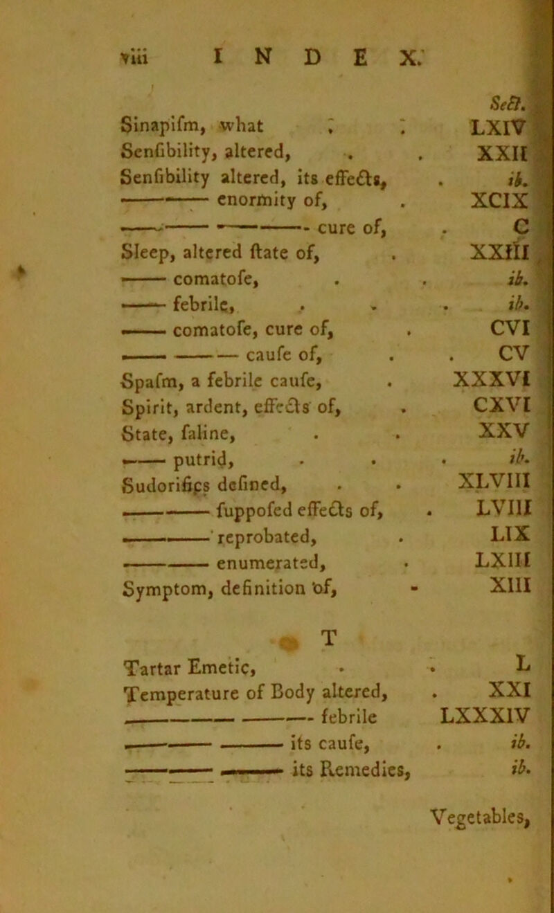 index; tiii index; r Sinapifm, what ; * LXIV] SenCbility, altered, XXIl' Senfibillty altered. Its efFefls, . ii. ■■ ■ cnorttiity of. XCIX — cure of. c Sleep, altered ftate of. XXill - - comatofe. ib. • febrile, . ib» comatofe, cure of. CVI —— caufe of. cv Spafm, a febrile caufe. XXXVI Spirit, ardent, effctSls of. CXVI State, faline. XXV ^— putrid. . ib. Sudori6ps defined, XLVIII — fuppofed effedls of. LVIll * reprobated. LIX ■ enumerated. LXIH Symptom, definition ‘of. XllI T Tartar Emetic, L Temperature of Body altered. XXI — — febrile LXXXIV - its caufe. . ib. ■■■— its Remedies, ib. Vegetables,