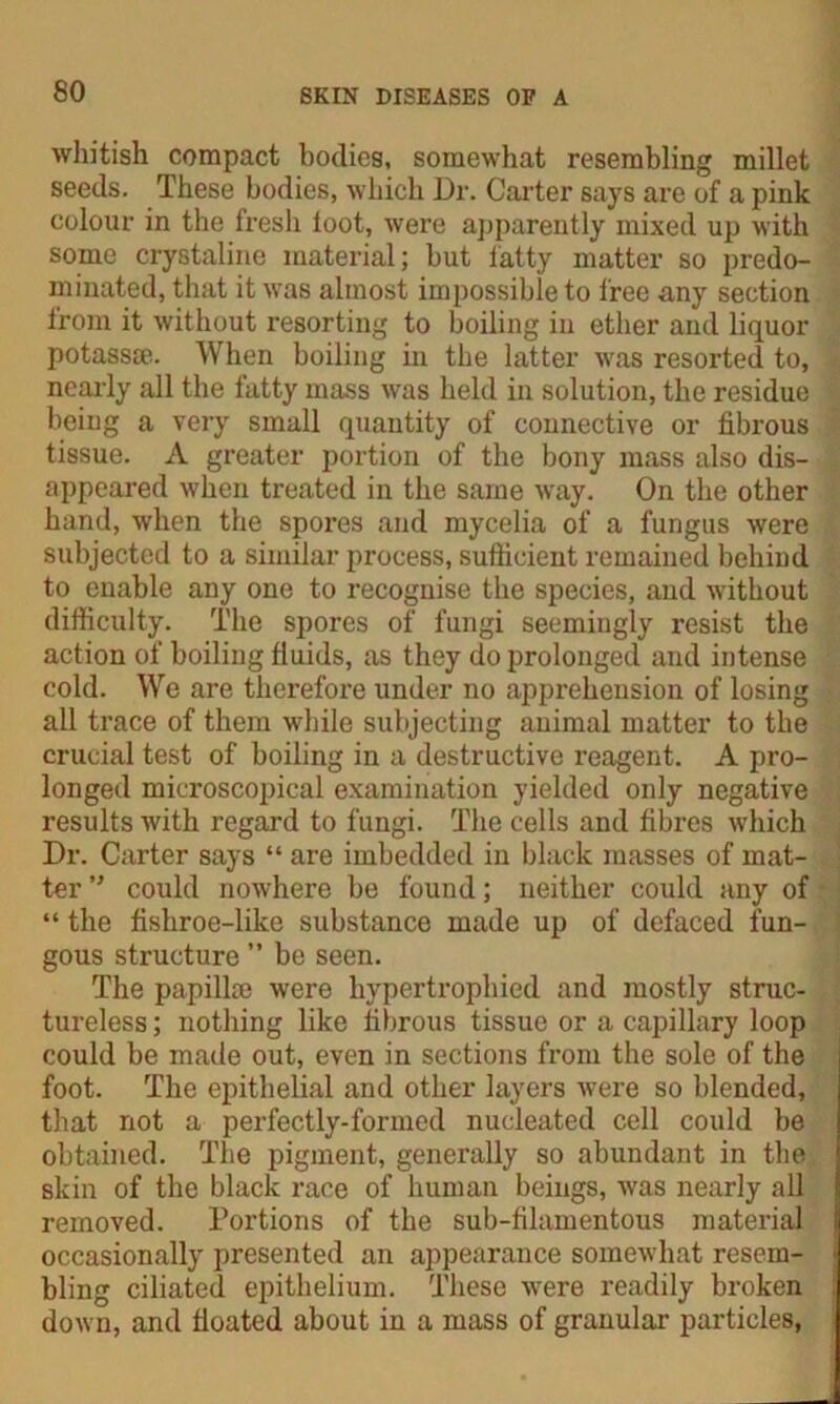 whitish compact bodies, somewhat resembling millet seeds. These bodies, which Dr. Carter says are of a pink colour in the fresh toot, were apparently mixed up with some crystaline material; but fatty matter so predo- minated, that it was almost impossible to free any section from it without resorting to boiling in ether and liquor potass®. When boiling in the latter was resorted to, nearly all the fatty mass was held in solution, the residue being a very small quantity of connective or fibrous tissue. A greater portion of the bony mass also dis- appeared when treated in the same way. On the other hand, when the spores and mycelia of a fungus were subjected to a similar process, sufficient remained behind to enable any one to recognise the species, and without difficulty. The spores of fungi seemingly resist the action of boiling fluids, as they do prolonged and intense cold. We are therefore under no apprehension of losing all trace of them while subjecting animal matter to the crucial test of boiling in a destructive reagent. A pro- longed microscopical examination yielded only negative results with regard to fungi. The cells and fibres which Dr. Carter says “ are imbedded in black masses of mat- ter ” could nowhere be found; neither could any of “ the fishroe-like substance made up of defaced fun- gous structure ” be seen. The papilla? were hypertrophied and mostly struc- tureless ; nothing like fibrous tissue or a capillary loop could be made out, even in sections from the sole of the foot. The epithelial and other layers were so blended, that not a perfectly-formed nucleated cell could be obtained. The pigment, generally so abundant in the skin of the black race of human beings, Avas nearly all removed. Portions of the sub-filamentous material occasionally presented an appearance somewhat resem- bling ciliated epithelium. These Avere readily broken down, and floated about in a mass of granular particles,