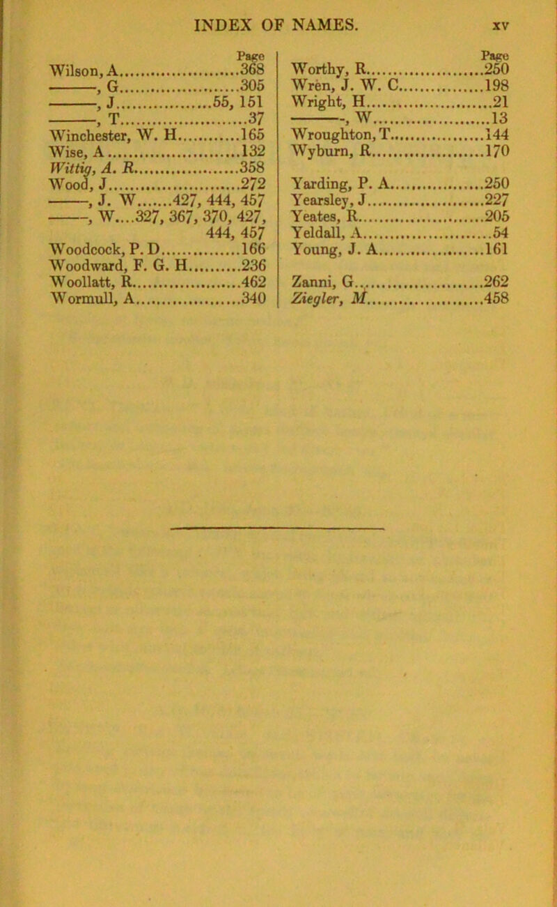 Pago Wilson, A 368 , G 305 , J 55, 151 , T 37 Winchester, W. H 165 Wise, A 132 Wittig, A. R 358 Wood, J 2/2 , J. W 427, 444, 457 , W....327, 367, 370, 427, 444, 457 Woodcock, P. D 166 Woodward, F. G. H 236 Woollatt, R 462 Wormull, A 340 Pago Worthy, R 250 Wren, J. W. C 198 Wright, H 21 , W 13 Wroughton, T 144 Wyburn, R 170 Yarding, P. A 250 Yearsley, J 227 Yeates, R 205 Yeldall, A 54 Young, J. A 161 Zanni, G 262 Ziegler, M. 458