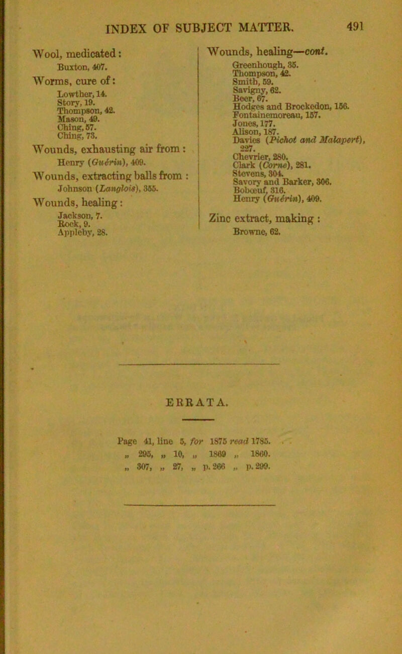 Wool, medicated: Buxton, 407. Worms, cure of: Xowthor, 14. Story, 19. Thompson, 42. Mason, 49. Ching, 57. Ching, 73. Wounds, exhausting air from: Henry (Ghidrin), 409. Wounds, extracting balls from : Johnson (Langloie), 355. Wounds, healing: Jackson, 7. Bock, 9. Appleby, 28. Wounds, healing—cont. Greenhough, 35. Thompson, 42. Smith, 59. Savigny, 62. Beer, 67. Hodges and Brockedon, 156. Fontainemoreau, 157. Jones, 177. Alison, 187. Davies (Pichot and Malapert), 227. Chevrier, 280. Clark (Corne), 281. Stevens, 804. Savory and Barker, 806. Bobceuf, 316. Henry (Gntriri), 409. Zinc extract, making : Browne, 62. ERRATA. Page 41, line 5, for 1875 read 1785. „ 295, „ 10, „ 1809 „ 1860. „ 307, „ 27, „ p. 266 „ p. 299.