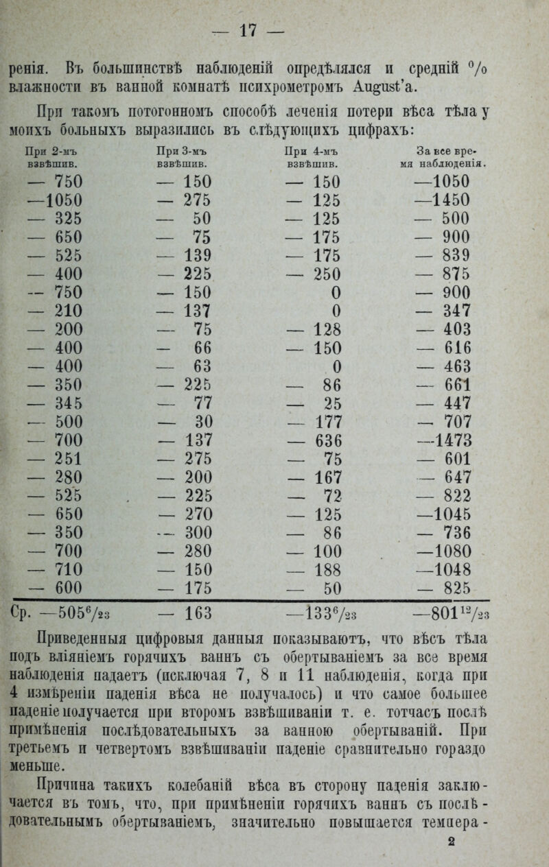 ренія. Въ большинствѣ наблюденій опредѣлялся и средній % влажности въ ванной комнатѣ психрометромъ Ан^ші’а. При такомъ потогонномъ способѣ леченія потери вѣса тѣла у моихъ больныхъ выразились въ слѣдующихъ цифрахъ: При 2-мъ При 3-мъ При 4-мъ За все вре- взвѣшив. взвѣшив. взвѣшив. мя наблюденія. — 750 — 150 — 150 —1050 —1050 - 275 — 125 —1450 — 325 — 50 — 125 — 500 — 650 — 75 — 175 — 900 — 525 — 139 — 175 — 839 — 400 — 225 — 250 — 875 — 750 — 150 0 — 900 — 210 — 137 0 — 347 — 200 — 75 — 128 — 403 — 400 - 66 — 150 — 616 — 400 — 63 0 — 463 — 350 — 225 — 86 — 661 — 345 — 77 — 25 — 447 — 500 — 30 — 177 - 707 — 700 — 137 — 636 —1473 — 251 — 275 — 75 — 601 — 280 — 200 — 167 — 647 — 525 — 225 — 72 — 822 — 650 — 270 — 125 —1045 — 350 — 300 — 86 - 736 — 700 — 280 — 100 —1080 — 710 — 150 — 188 —1048 — 600 — 175 — 50 - 825 Ср. — 5056/23 — 163 —1336/2з — 80112Дз Приведенныя цифровыя данныя показываютъ, что вѣсъ тѣла подъ вліяніемъ горячихъ ваннъ съ обертываніемъ за все время наблюденія падаетъ (исключая 7, 8 и 11 наблюденія, когда при 4 измѣреніи паденія вѣса не получалось) и что самое большее паденіе получается при второмъ взвѣшиваніи т. е. тотчасъ послѣ примѣненія послѣдовательныхъ за ванною обертываній. При третьемъ и четвертомъ взвѣшиваніи паденіе сравнительно гораздо меньше. Причина такихъ колебаній вѣса въ сторону паденія заклю- чается въ томъ, что, при примѣненіи горячихъ ваннъ съ послѣ- довательнымъ обертываніемъ, значительно повышается темпера - 2