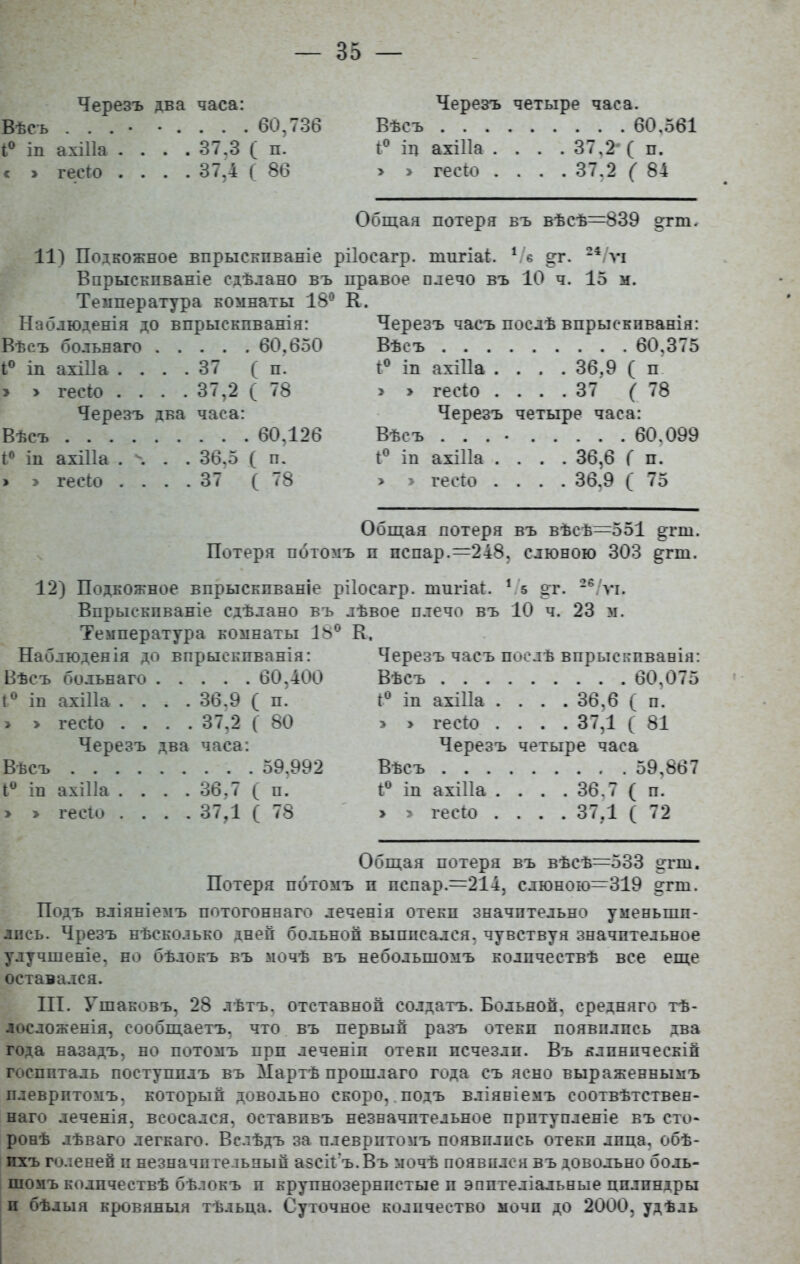Черезъ два часа: Вѣсъ . . . • * . . . . 60,736 і° іп ахіііа . . . . 37,3 ( п. с » гееіо .... 37,4 ( 86 Черезъ четыре часа. Вѣсъ 60,561 і° іц ахіііа .... 37,2* ( п. > > гееіо .... 37,2 ( 84 Общая потеря въ вѣсѣ=839 §;гш. 11) Подножное впрыскпваніе рііосагр. шигіаі. */в гг. 24/ѵі Впрыскиваніе сдѣлано въ Температура комнаты 18° Наблюденія до впрыскиванія: Вѣсъ больнаго 60.650 1° іп ахіііа .... 37 ( п. > > гееіо .... 37,2 ( 78 Черезъ два часа: Вѣсъ 60,126 1° іп ахіііа . . . . 36,5 ( п. > » гееіо .... 37 (78 правое плечо въ 10 ч. 15 м. К. Черезъ часъ послѣ впрыскиванія: Вѣсъ 60,375 I® іп ахіііа .... 36,9 ( п > > гееіо .... 37 (78 Черезъ четыре часа: Вѣсъ . . . • 60,099 1° іп ахіііа .... 36,6 Г п. > > гееіо .... 36,9 ( 75 Общая потеря въ вѣсѣ=551 ^гш. Потеря пбтомъ и пспар.=248, слюною 303 &гт. 12) Подкожное впрыскпваніе рііосагр. тигіаі. 1 5 «:г. 26/ѵі. Впрыскпваніе сдѣлано въ лѣвое плечо въ 10 ч. 23 м. Температура комнаты 18° К. Наблюденія до впрыскпванія: Вѣсъ больнаго 60,400 1° іп ахіііа .... 36,9 ( п. > > гееіо .... 37,2 ( 80 Черезъ два часа: Вѣсъ 59,992 1° іп ахіііа .... 36,7 ( п. > > гееіо .... 37,1 ( 78 Черезъ часъ послѣ впрыскпванія: Вѣсъ 60,075 1° іп ахіііа .... 36,6 ( п. > > гееіо .... 37,1 ( 81 Черезъ четыре часа Вѣсъ . 59,867 1° іп ахіііа .... 36,7 ( п. > » гееіо .... 37,1 ( 72 Общая потеря въ вѣсѣ=533 еггш. Потеря пбтомъ п пепар.=214, слюною=319 §тш. Подъ вліяніемъ потогоннаго теченія отекп значительно уменьши- лись. Чрезъ нѣсколько дней больной выписался, чувствуя значительное улучшеніе, но бѣлокъ въ мочѣ въ небольшомъ количествѣ все еще оставался. III. Ушаковъ, 28 лѣтъ, отставной солдатъ. Больной, средняго тѣ- лосложенія, сообщаетъ, что въ первый разъ отекп появились два года назадъ, но потомъ прп теченіи отекп исчезли. Въ клиническій госпиталь поступилъ въ Мартѣ прошлаго года съ ясно выраженнымъ плевритомъ, который довольно скоро, подъ вліяніемъ соотвѣтствен- наго теченія, всосался, оставивъ незначительное притупленіе въ сто- ронѣ лѣваго легкаго. Вслѣдъ за плевритомъ появились отекп лица, обѣ- ихъ голеней и незначительный азсіі’ъ.Въ мочѣ появился въ довольно боль- шомъ количествѣ бѣлокъ и крупнозернистые и эпителіальные цилиндры и бѣлыя кровяныя тѣльца. Суточное количество мочи до 2000, удѣль