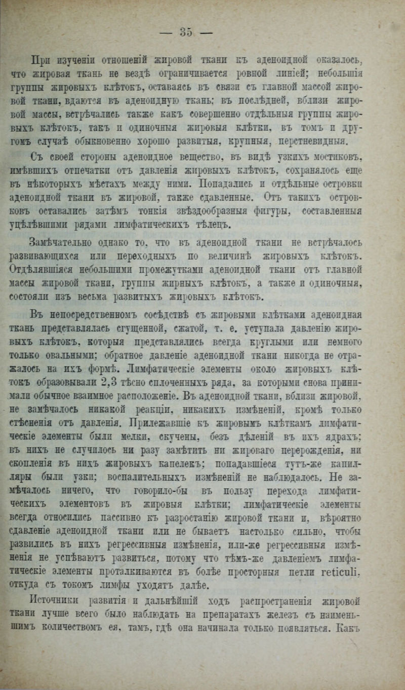 Прп пзучѳніп отношеюн жировой тканп къ аденопдноп оказалось, что жировая ткань не вездѣ ог[>анпчнваетея р<эвной дпніей: небольшія группы жпроБЫХъ БлѣтоЕЪ. оотаваясь въ связи съ главной зіассой жиро- вой тканп, вдаются въ аденопднуі-:» ткань: въ послѣдней, вблизи жиро- вой массы, встрѣчались также какъ совершенно отдѣльныя г];'уппы жпро- выхъ клѣтокъ, такъ и одиночный жпровыя клѣткп. въ томъ п дру- гожъ сіучаѣ обыкновенно хорошо развптыя, крупный, перстневпдныя. Съ своей стороны аденоидное вепіество. въ видѣ узкпхъ мсктиковь, пмѣвшнхъ отпечатки отъ давленія жігі.^овыхъ клѣтіжъ. сохранялось еще въ нѣкоторыхъ мѣетахъ между нюш. Попадались и отдѣльные ост];ювки аденоидной тканп въ жировой, также сдавленные. Отъ такпхъ остров- ковъ оставались затѣмъ тонкія звѣздообразныя фигуры,. с<}став.іенныя уцѣлѣвшимп рядами лимфатическихъ тѣ.іецъ. Замѣчательно однако то. что въ аденоидной тканп не встрѣчалось развивающихся или переходныхъ по велпчпнѣ жпровыхъ клѣтокъ. Отдѣлявшіяся небольшими щомежуткаіш аденоидной ткани отъ главной массы жировой тканп. группы жп[..ныхъ клѣтокъ. а также и одиночный, состояли пзъ весьма развптыхъ жптовыхъ клѣтокъ. Въ непосредственномъ сосѣдствѣ съ жп^ювымп клѣткамл аденоидная ткань представлялась сгуп];енной, сжатой, т. е. уступала давленію жпрю- выхъ клѣтоЕЪ, который п|.»едставля.іись всегда Еругльші и.іи немного только овальными; обратное давленіе аденоидной ткани никогда не о^гра- жалось на піъ <})ормѣ. Лпмфаіпческіе элементы около жпровыхъ клѣ- токъ о<!»разовывали 2,8 тѣсно сплоченныхъ ряда, за которыми снова прннп- малп обычное взаимное расположеніе. Въ аденоидной тканп, вблизи жи^ювой. не замѣчалось никакой реакЕІп. никакпхъ пзмѣненій, нромѣ только стѣсненія отъ давленія. Прилежавпііе къ жпр<:івыжъ Блѣткамъ лпмфатп- ческіе элементы были мелки, скучены, безъ дѣленій въ пхъ ядрахъ; въ нпхъ не случилось ни разу замѣтпть нп жп]і»г,аго пе]:-ерождетя, ни скопленія въ нпхъ жировыхъ капелекъ; попадавшіеся тутъ-же капил- ляры были узки; воспалптелъныхъ пзмѣненій не наб.іюдал«хь. Не за- мѣчалось нпчего. чтѵ говорпіо-бы въ пользу перехода лимі})атн- ческпхъ элементов ъ въ жп[ювыя клѣтки; лпмфатпческіе элементы всегда относились пассивно ь*ъ разростанік» жпровой тканп и. вѣ^юятно сдавленіе аденоидной тканп или не бываетъ настолько сильно, чтобы развплпсь въ нпхъ регрес^гпвныя пзмѣнешЯ; плп-же регресспвныя измѣ- ненія не успѣваютъ развиться, потому что тѣмъ-же давленіемъ лимфа- тпческіе элементы проталкиваются въ болѣе просторный петли геіісиіі. откуда съ тоЕомъ лимфы тходятъ далѣе. Источнит:и развнтія и дальнѣйшій ходъ распрост|кіненія жпр^вой тканп .тучше всего было наблюдать на препаратахъ железъ съ наюіень- шимъ колпчествомъ ея. тамъ, гдѣ она начинала только появляться. Какъ