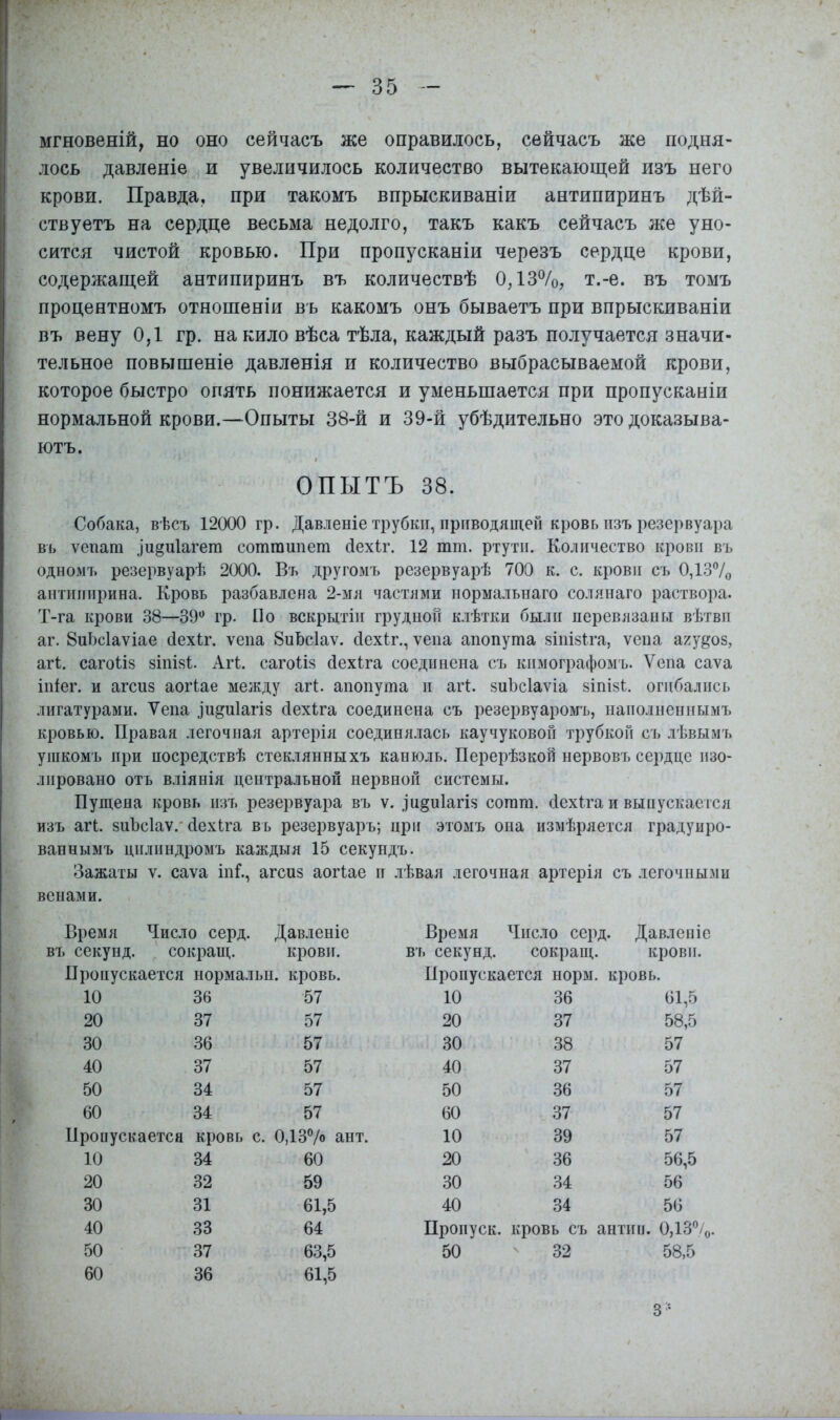 мгновеній, но оно сейчасъ же оправилось, сейчасъ же подня- лось давленіе и увеличилось количество вытекающей изъ него крови. Правда, при такомъ впрыскиваніи антипиринъ дѣй- ствуетъ на сердце весьма недолго, такъ какъ сейчасъ же уно- сится чистой кровью. При пропусканіи черезъ сердце крови, содержащей антипиринъ въ количествѣ 0,13%, т.-е. въ томъ процентномъ отношеніи въ какомъ онъ бываетъ при впрыскиваніи въ вену 0,1 гр. на кило вѣса тѣла, каждый разъ получается значи- тельное повышеніе давленія и количество выбрасываемой крови, которое быстро опять понижается и уменьшается при пропусканіи нормальной крови.—Опыты 38-й и 39-й убѣдительно это доказыва- ютъ. ОПЫТЪ 38. Собака, вѣсъ 12000 гр. Давленіе трубки, приводящей кровыізъ резервуара въ ѵепаш щдиіагет соштипеш Дехіг. 12 тт. ртути. Количество крови въ одномъ резервуарѣ 2000. Въ другомъ резервуарѣ 700 к. с. крови съ 0,13% антипирина. Кровь разбавлена 2-мя частями нормальнаго солянаго раствора. Т-га крови 38—39° гр. По вскрытіи грудной клѣтки были перевязаны вѣтви аг. 8иЬс1аѵіае йехИ. ѵепа 8иЬс1аѵ. йехіг., ѵепа апопуша зіпізіга, ѵена аяу^оз, агі. сагоііз зіпізі. АгС сагоііз ДехЪга соединена съ кимографомъ. Ѵена саѵа іпіег. и агсиз аогіае между агС апопута и агС зиЪсІаѵіа зіпізі. огибались лигатурами. Ѵепа щ&иіагіз йехіга соединена съ резервуаромъ, наполненнымъ кровью. Правая легочная артерія соединялась каучуковой трубкой съ лѣвымъ ушкомъ при посредствѣ стеклянныхъ канюль. Перерѣзкой нервовъ сердце изо- лировано отъ вліянія центральной нервной системы. Пущена кровь изъ резервуара въ ѵ. щ^иіагіз согат. йехіга и выпускается изъ агі. зиЪсІаѵ. сіехіга въ резервуаръ; нри этомъ она измѣряется градуиро- ваннымъ цилиндромъ каждыя 15 секундъ. Зажаты ѵ. саѵа іпі., агсиз аогіае и лѣвая легочная артерія съ легочными венами. Время Число серд. Давленіе Время Число серд Давленіе въ секунд. сокращ. крови. въ секунд. сокращ. крови. Пропускается нормальн. кровь. Пропускается норм. кровь. 10 36 57 10 36 61,5 20 37 57 20 37 58,5 30 36 57 30 38 57 40 37 57 40 37 57 50 34 57 50 36 57 60 34 57 60 37 57 Пропускается кровь с. 0ДЗ°/о ант. 10 39 57 10 34 60 20 36 56,5 20 32 59 30 34 56 30 31 61,5 40 34 56 40 33 64 Пропуск, кровь съ антии. 0,13%. 50 37 63,5 50 32 58,5 60 36 61,5 3::