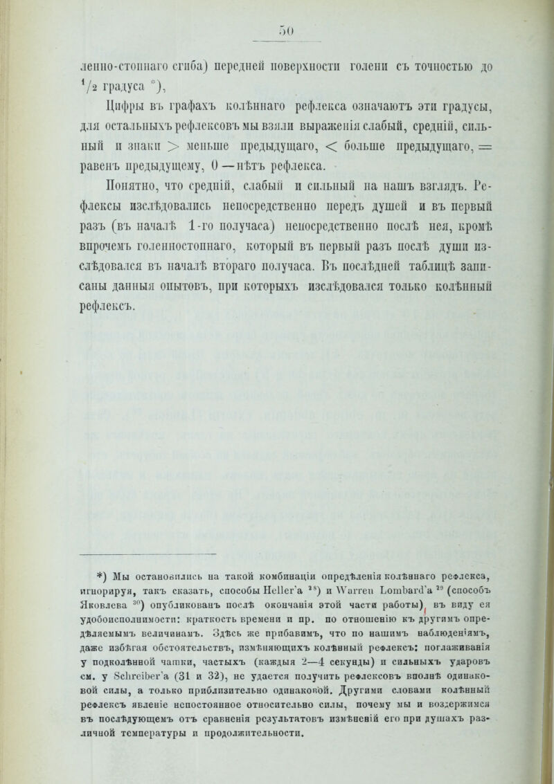 Г)(| ленио-стопиаго сгиба) передней поверхности голенп съ точностью до Ѵ2 градуса Цифры въ графахъ колѣннаго рефлекса означаіотъ эти градусы, для остальныхъ рефлексовъ мы взяли выраженія слабый, средній, силь- ный и знаки > меньше предыдущаго, < больше нредыдушаго, = равенъ предыдущему, О—нѣтъ рефлекса. Понятно, что средній, слабый и сильный на нашъ взглядъ. Ре- флексы изслѣдовались непосредственно передъ душей и въ первый разъ (въ началѣ 1-го получаса) непосредственно послѣ нея, кромѣ впрочемъ голенностопнаго, который въ первый разъ послѣ души из- слѣдовался въ началѣ втораго получаса. Бъ послѣдней таблицѣ запи- саны данныя опытовъ, при которыхъ изслѣдовался только колѣнный рефлексъ. *) Мы останойпліісь на такой комбинаціи опредѣленія колѣанаго рсФлекса, игиорируя, такъ сказать, способы НеИег'а и ^^Ч^1•^е^^ ЬотЪаічѴа (способъ Яковлева ^^^) опубликовааъ послѣ окончанія этой части работы)^ въ виду ея удобоисполиимостп: краткость времени п пр. по отношенію къ другпмъ опре- дѣляемымъ величинамъ. Здѣсь же прпбавимъ, что по нашимъ наблюден'яыъ, даже избѣгая обстоятельствъ, пзмѣняющихъ колѣеный реФлексъ: поглаживавія у подколѣнвой чатки, частыхъ (каждыя 2—4 секунды) и сидьныхъ ударовъ см. у 8с1ігеіЬег'а (31 и 32), не удается получить реФлексовъ вполнѣ одинико- вой силы, а только приблизительно одинаковой. Другими словами колѣнный рсФлексъ явленіе непостоянное относительно силы, почему мы и воздержимся въ послѣдующемъ отъ сравненія рсзультатовъ измѣневій его при душахъ раз- личной температуры и продолжительности.