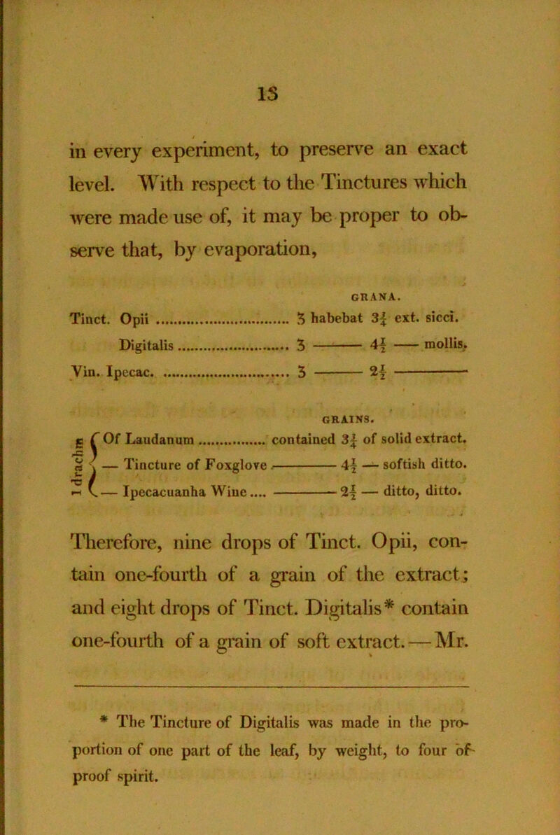 IS in every experiment, to presence an exact level. With respect to the Tinctures which were made use of, it may be proper to ob- serve that, by evaporation, guana. ■5 habebat 3| ext. sicci. 5 4\ mollis, 5 2i GRAINS. g r Of Laudanum contained 3^ of solid extract. g j — Tincture of Foxglove j 4\ — softish ditto. ^ V.— Ipecacuanha Wiue.... — 2| — ditto, ditto. Tlierefore, nine drops of Tinct. Opii, con- tain one-fourth of a grain of the extract; and eight drops of Tinct. Digitalis* contain one-fourth of a grain of soft extract. — Mr. * The Tincture of Digitalis was made in the pro- portion of one part of the leaf, by weight, to four of- proof spirit. Tinct. Opii Digitalis Vin. Ipecac. ...