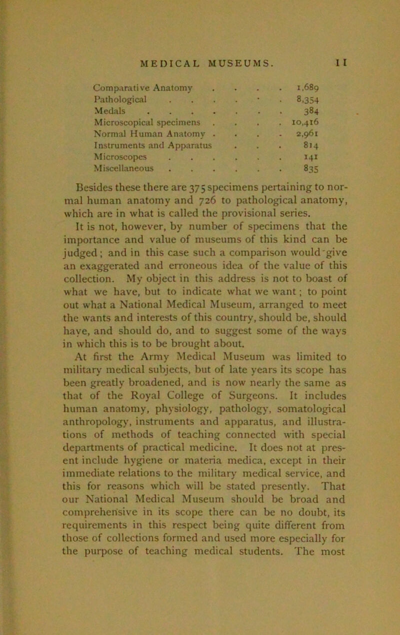 Comparative Anatomy 1,689 Pathological • 8,354 Medals .... 384 Microscopical specimens . 10,416 Normal Human Anatomy . . . . 2.961 Instruments and Apparatus . . . 814 Microscopes 141 Miscellaneous . . • 835 Besides these there are 375 specimens pertaining to nor- mal human anatomy and 726 to pathological anatomy, which are in what is called the provisional series. It is not, however, by number of specimens that the importance and value of museums of this kind can be judged; and in this case such a comparison would give an exaggerated and erroneous idea of the value of this collection. My object in this address is not to boast of what we have, but to indicate what we want; to point out what a National Medical Museum, arranged to meet the wants and interests of this country, should be, should haye, and should do, and to suggest some of the ways in which this is to be brought about. At first the Army Medical Museum was limited to military medical subjects, but of late years its scope has been greatly broadened, and is now nearly the same as that of the Royal College of Surgeons. It includes human anatomy, physiology, pathology, somatological anthropology, instruments and apparatus, and illustra- tions of methods of teaching connected with special departments of practical medicine. It does not at pres- ent include hygiene or materia medica, except in their immediate relations to the military medical service, and this for reasons which will be stated presently. That our National Medical Museum should be broad and comprehensive in its scope there can be no doubt, its requirements in this respect being quite different from those of collections formed and used more especially for the purpose of teaching medical students. The most