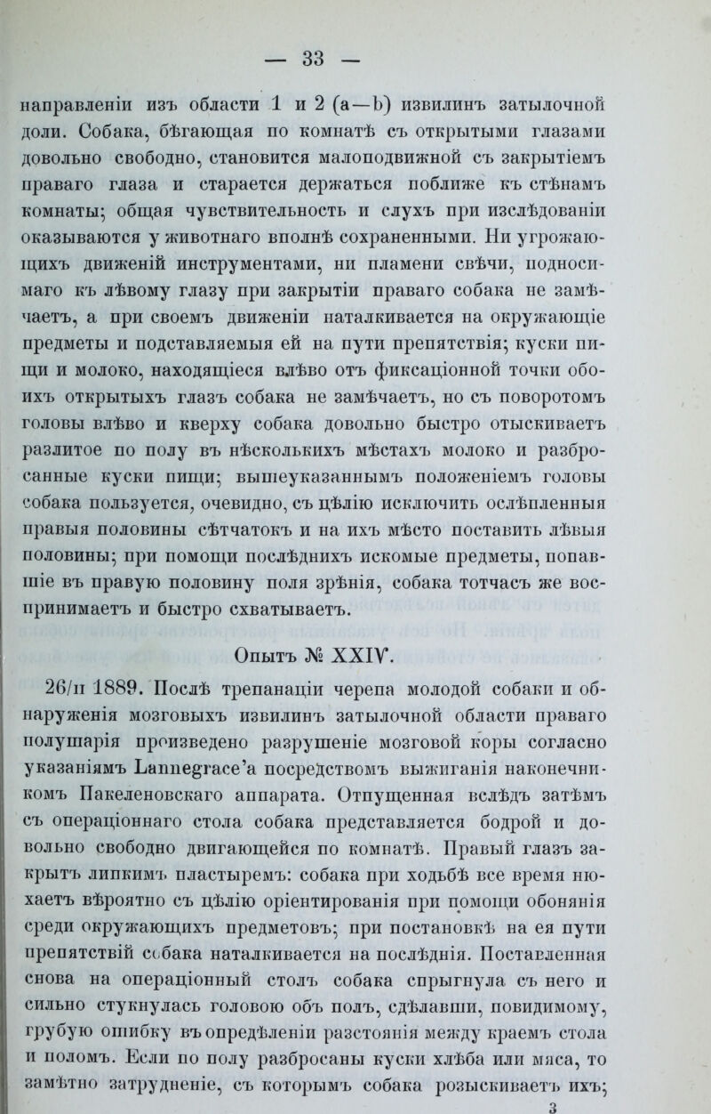 направленіи изъ области 1 и 2 (а—Ь) извилинъ затылочной доли. Собака, бѣгающая по комнатѣ съ открытыми глазами довольно свободно, становится малоподвижной съ закрытіемъ праваго глаза и старается держаться поближе къ стѣнамъ комнаты* общая чувствительность и слухъ при изслѣдованіи оказываются у животнаго вполнѣ сохраненными. Ни угрожаю- щихъ движеній инструментами, ни пламени свѣчи, подноси- маго къ лѣвому глазу при закрытіи праваго собака не замѣ- чаетъ, а при своемъ движеніи наталкивается на окружающіе предметы и подставляемыя ей на пути препятствія; куски пи- щи и молоко, находящееся влѣво отъ фиксаціонной точки обо- ихъ открытыхъ глазъ собака не замѣчаетъ, но съ поворотомъ головы влѣво и кверху собака довольно быстро отыскиваетъ разлитое по полу въ нѣсколькихъ мѣстахъ молоко и разбро- санные куски пищи; вышеуказаннымъ положеніемъ головы собака пользуется, очевидно, съ цѣлію исключить ослѣпленныя правыя половины сѣтчатокъ и на ихъ мѣсто поставить лѣвыя половины; при помощи послѣднихъ искомые предметы, попав- шіе въ правую половину поля зрѣнія, собака тотчасъ же вос- принимаетъ и быстро схватываетъ. Опытъ № XXIV. 26/и 1889. Послѣ трепанаціи черепа молодой собаки и об- наруженія мозговыхъ извилинъ затылочной области праваго полушарія произведено разрушеніе мозговой коры согласно указаніямъ Ьаппе^тасе'а посреДствомъ выжиганія наконечни- комъ Пакеленовскаго аппарата. Отпущенная вслѣдъ затѣмъ съ операціоннаго стола собака представляется бодрой и до- вольно свободно двигающейся по комнатѣ. Правый глазъ за- крыть липкимъ пластыремъ: собака при ходьбѣ все время ню- хаетъ вѣроятно съ цѣлію оріентированія при помощи обонянія среди окружающихъ предметовъ; при постановкѣ на ея пути препятствій собака наталкивается на послѣднія. Поставленная снова на операціонный столъ собака спрыгнула съ него и сильно стукнулась головою объ полъ, сдѣлавши, повидимому, грубую ошибку въопредѣленіи разстоянія между краемъ стола и поломъ. Если по полу разбросаны куски хлѣба или мяса, то замѣтно затрудненіе, съ которымъ собака розыскиваетъ ихъ; 3