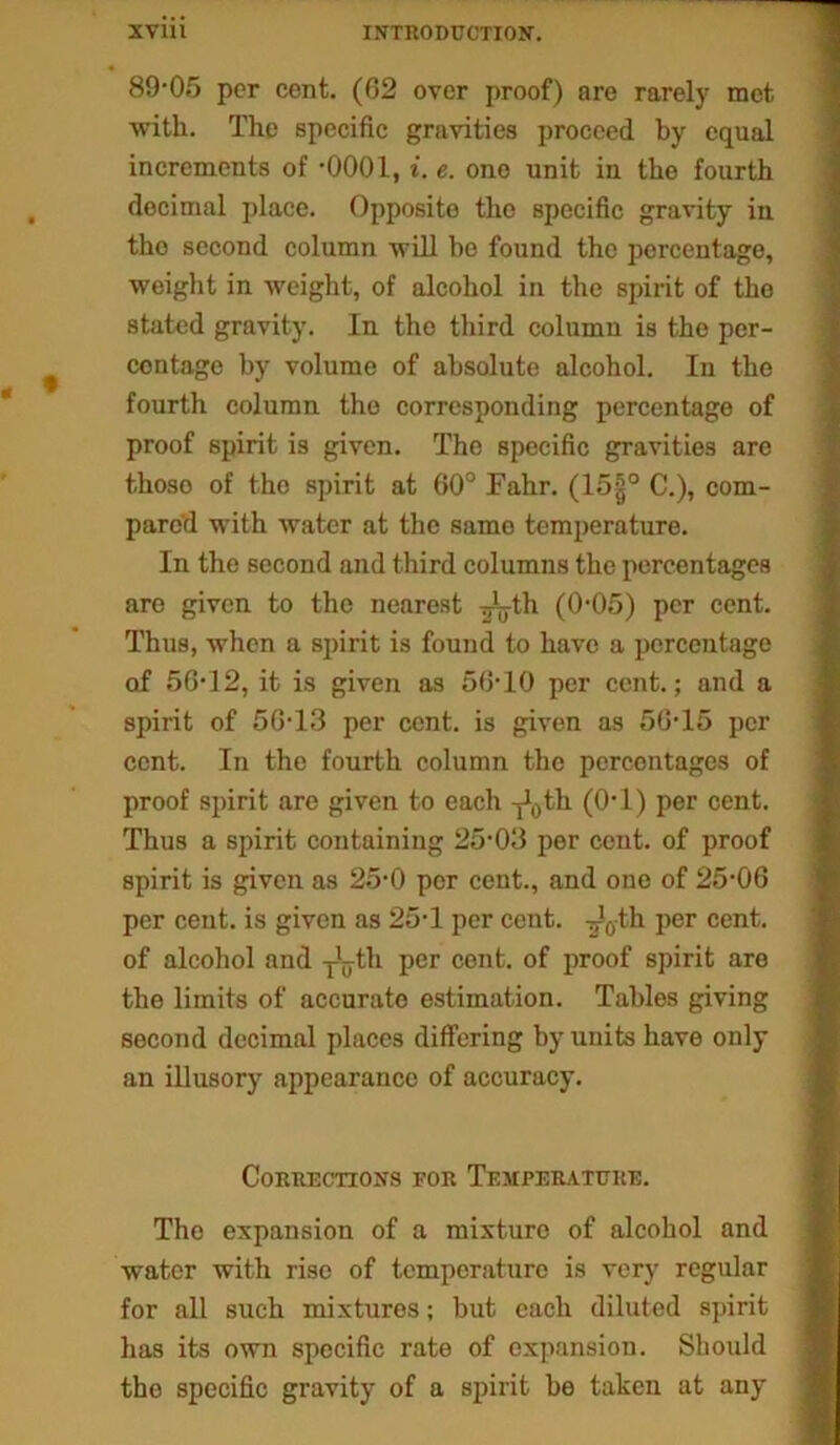89-05 per cent. (62 over proof) are rarely met with. The specific gravities proceed by equal increments of -0001, i. e. one unit in the fourth decimal place. Opposite the specific gravity in the second column will be found the percentage, weight in weight, of alcohol in the spirit of the stated gravity. In the third column is the per- centage by volume of absolute alcohol. In the fourth column the corresponding percentage of proof spirit is given. The specific gravities are those of the spirit at 60° Fahr. (15|° C.), com- pared with water at the same temperature. In the second and third columns the percentages are given to the nearest ^th (0-05) per cent. Thus, when a spirit is found to have a percentage of 56-12, it is given as 56-10 per cent.; and a spirit of 56-13 per cent, is given as 56-15 per cent. In the fourth column the percentages of proof spirit are given to each ^0th (0-1) per cent. Thus a spirit containing 25-03 per cent, of proof spirit is given as 25-0 per cent., and one of 25-06 per cent, is given as 25-1 per cent. ^0-th per cent, of alcohol and y'yth per cent, of proof spirit are the limits of accurate estimation. Tables giving second decimal places differing by units have only an illusory appearance of accuracy. Corrections for Temperature. The expansion of a mixture of alcohol and water with rise of temperature is very regular for all such mixtures; but each diluted spirit has its own specific rate of expansion. Should the specific gravity of a spirit be taken at any