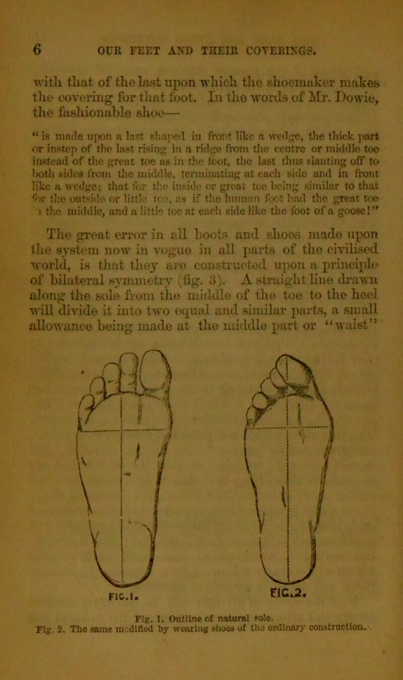 with that of tho last upon which the shoemaker makes the covering for that foot. In the words of Mr. Dowie, the fashionable shoe— “ is made upon n last shaped in front like a wedge, the thick part or instep of the last rising in a ridge from tho eentre or middle, toe instead of the great toe ns in the toot, the last thus slanting off to both sides from the middle, terminating at each side and in front like a wedge; that for the inside or great toe being similar to that ■for the outside or little tee, as if the human foot had the great toe i the middle, and a litt!“ toe at each side like the foot of a goose!” The great error in till boots and shoes mado upon the system now in vogue in all parts of the civilised world, is that they aro constructed upon a principle of bilateral symmetry (fig. 3). A straight line drawn along the sole from tho middle of the toe to the heel will divide it into two equal and similar parts, a small allowance being made at the middle part or “waist” Fig. 1. Outline of natural ro'.e. Fig. 2. The same modified by wearing shoes ol the ordinary construction. EICJ2 FIG.I
