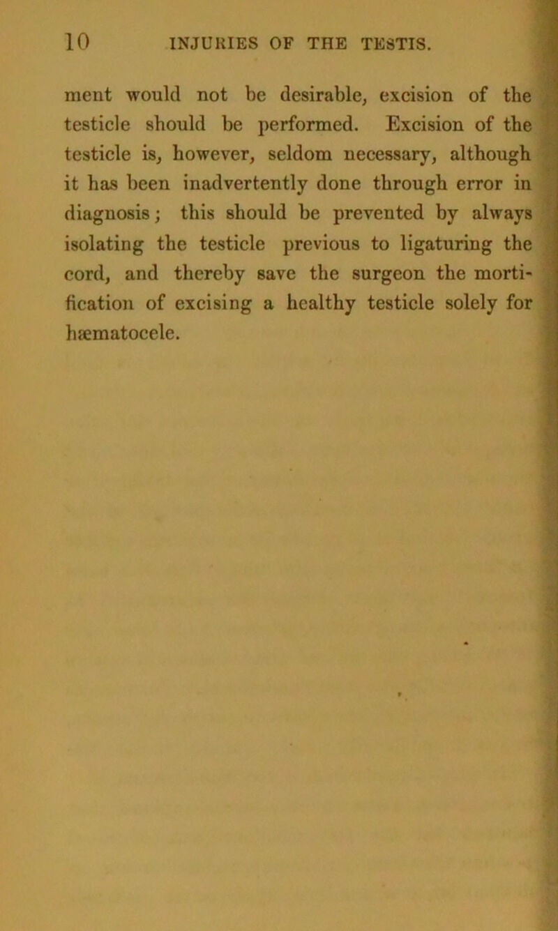 ment would not be desirable, excision of the testicle should be performed. Excision of the testicle is, however, seldom necessary, although it has been inadvertently done through error in diagnosis; this should be prevented by always isolating the testicle previous to ligaturing the cord, and thereby save the surgeon the morti- fication of excising a healthy testicle solely for luematocele.