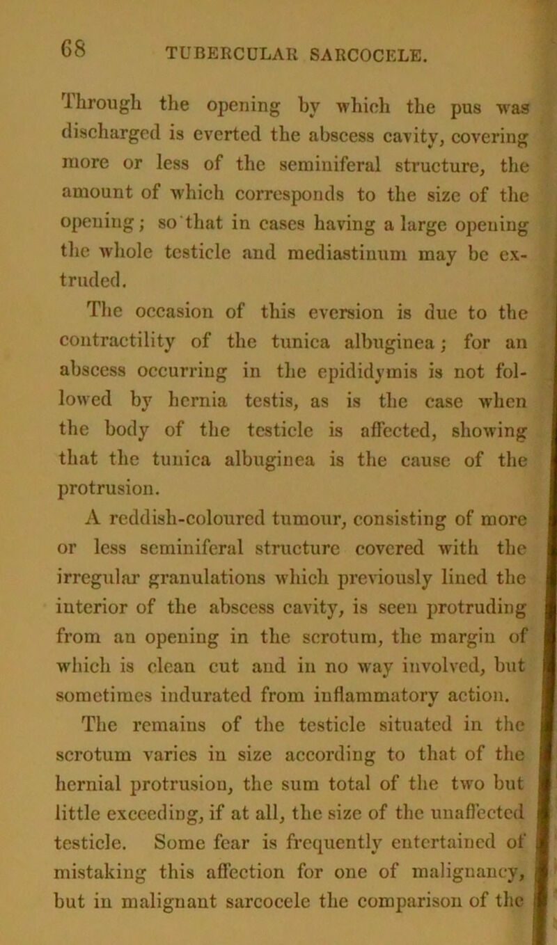 Through the opening by which the pus was discharged is everted the abscess cavity, covering more or less of the seminiferal structure, the amount of which corresponds to the size of the opeuiug; so that in cases having a large opening the whole testicle and mediastinum may be ex- truded. The occasion of this eversion is due to the contractility of the tunica albuginea; for an abscess occurring in the epididymis is not fol- lowed by hernia testis, as is the case when the body of the testicle is affected, showing that the tunica albuginea is the cause of the protrusion. A reddish-coloured tumour, consisting of more or less seminiferal structure covered with the irregular granulations which previously lined the interior of the abscess cavity, is seen protruding from an opening in the scrotum, the margin of which is clean cut and in no way involved, but sometimes indurated from inflammatory action. The remains of the testicle situated in the scrotum varies in size according to that of the hernial protrusion, the sum total of the two but little exceeding, if at all, the size of the unaffected testicle. Some fear is frequently entertained of mistaking this affection for one of malignancy, but in malignant sarcoeele the comparison of the