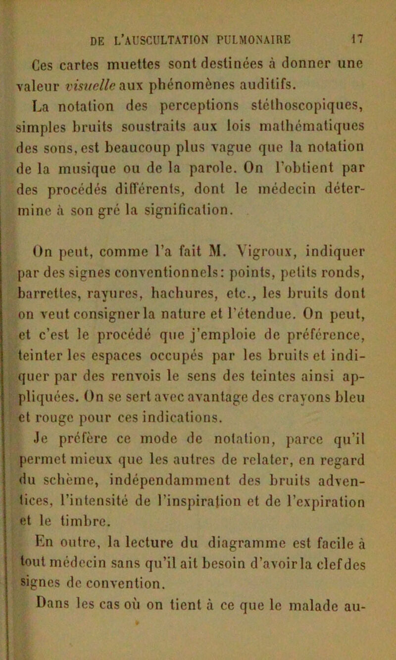Ces cartes muettes sont destinées à donner une valeur visuelle aux phénomènes auditifs. La notation des perceptions stéthoscopiques, simples bruits soustraits aux lois mathématiques des sons, est beaucoup plus vague que la notation de la musique ou de la parole. On l’obtient par des procédés différents, dont le médecin déter- mine à son gré la signification. On peut, comme l’a fait M. Vigroux, indiquer par des signes conventionnels: points, petits ronds, barrettes, rayures, hachures, etc., les bruits dont on veut consigner la nature et l’étendue. On peut, et c’est le procédé que j’emploie de préférence, teinter les espaces occupés par les bruits et indi- quer par des renvois le sens des teintes ainsi ap- pliquées. On se sert avec avantage des crayons bleu et rouge pour ces indications. Je préfère ce mode de notation, parce qu’il permet mieux que les autres de relater, en regard du schème, indépendamment des bruits adven- tices, l’intensité de l’inspiration et de l’expiration et le timbre. En outre, la lecture du diagramme est facile à tout médecin sans qu’il ait besoin d’avoir la clef des signes de convention. Dans les cas où on tient à ce que le malade au-