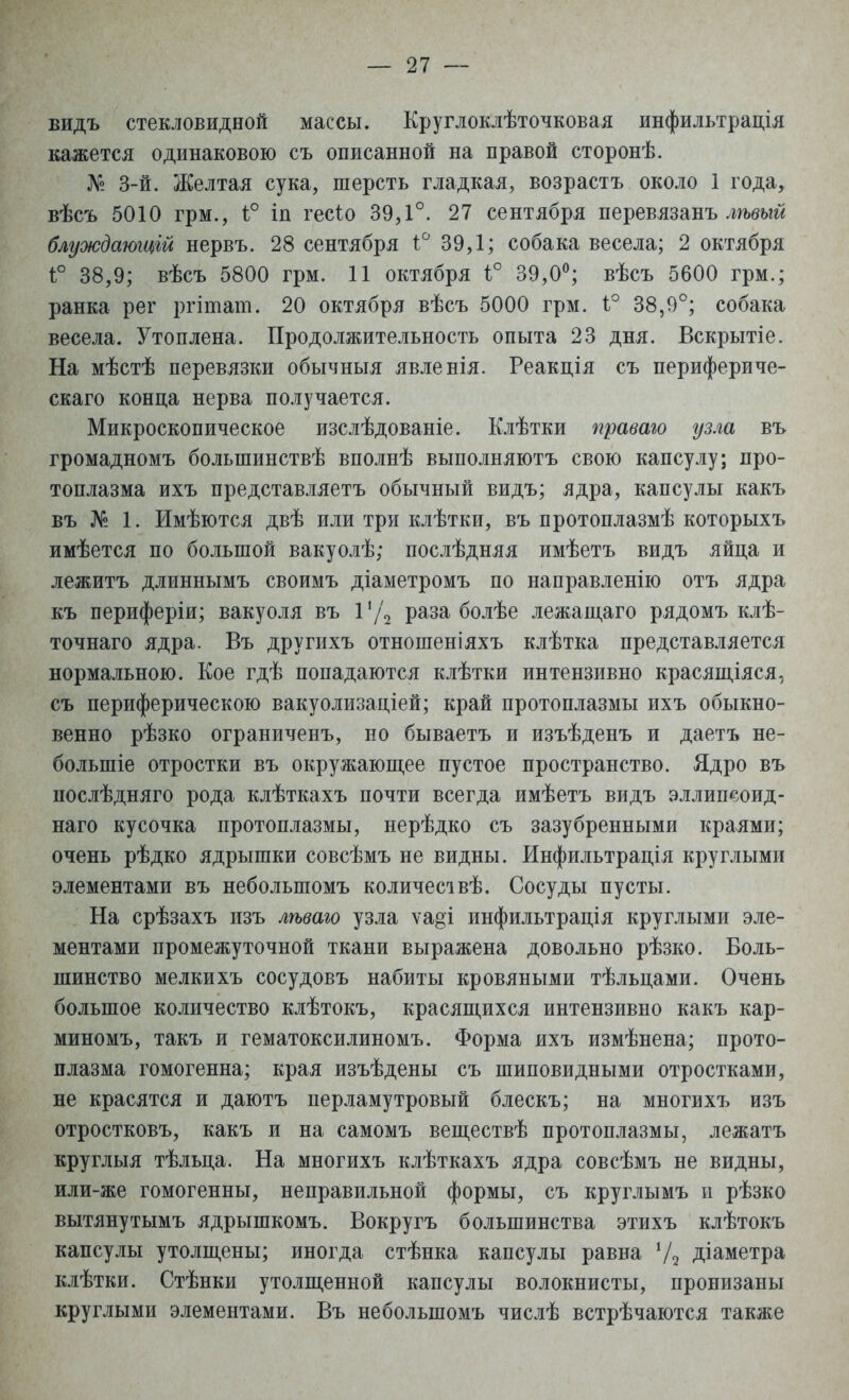 видъ стекловидной массы. Круглоклѣточковая инфильтрація кажется одинаковою съ описанной на правой сторонѣ. № 3-й. Желтая сука, шерсть гладкая, возрастъ около 1 года, вѣсъ 5010 грм., і° іп гесіо 39,1°. 27 сентября перевязанъ лѣвый блуждающій нервъ. 28 сентября 1° 39,1; собака весела; 2 октября і° 38,9; вѣсъ 5800 грм. 11 октября т° 39,0°; вѣсъ 5600 грм.; ранка рег ргітат. 20 октября вѣсъ 5000 грм. і° 38,9°; собака весела. Утоплена. Продолжительность опыта 23 дня. Вскрытіе. На мѣстѣ перевязки обычныя явленія. Реакція съ перифериче- ская конца нерва получается. Микроскопическое изслѣдованіе. Клѣтки правто узла въ громадномъ болыпинствѣ вполнѣ выполняютъ свою капсулу; про- топлазма ихъ представляетъ обычный видъ; ядра, капсулы какъ въ № 1. Имѣются двѣ или три клѣтки, въ протоплазмѣ которыхъ имѣется по большой вакуолѣ; послѣдняя имѣетъ видъ яйца и лежитъ длиннымъ своимъ діаметромъ по направленію отъ ядра къ периферіи; вакуоля въ Ѵ/2 раза болѣе лежащаго рядомъ клѣ- точнаго ядра. Въ другихъ отношеніяхъ клѣтка представляется нормальною. Кое гдѣ попадаются клѣтки интензивно красящіяся, съ периферическою вакуолизаціей; край протоплазмы ихъ обыкно- венно рѣзко ограниченъ, но бываетъ и изъѣденъ и даетъ не- большие отростки въ окружающее пустое пространство. Ядро въ послѣдняго рода клѣткахъ почти всегда имѣетъ видъ эллипсоид- наго кусочка протоплазмы, нерѣдко съ зазубренными краями; очень рѣдко ядрышки совсѣмъ не видны. Инфильтрація круглыми элементами въ неболыпомъ количесівѣ. Сосуды пусты. На срѣзахъ изъ лѣваю узла ѵа§і инфильтрація круглыми эле- ментами промежуточной ткани выражена довольно рѣзко. Боль- шинство мелкихъ сосудовъ набиты кровяными тѣльцами. Очень большое количество клѣтокъ, красящихся интензивно какъ кар- миномъ, такъ и гематоксилиномъ. Форма ихъ измѣнена; прото- плазма гомогенна; края изъѣдены съ шиповидными отростками, не красятся и даютъ перламутровый блескъ; на многихъ изъ отростковъ, какъ и на самомъ веществѣ протоплазмы, лежатъ круглыя тѣльца. На многихъ клѣткахъ ядра совсѣмъ не видны, или-же гомогенны, неправильной формы, съ круглымъ и рѣзко вытянутымъ ядрышкомъ. Вокругъ большинства этихъ клѣтокъ капсулы утолщены; иногда стѣнка капсулы равна Ѵ2 діаметра клѣтки. Стѣнки утолщенной капсулы волокнисты, пронизаны круглыми элементами. Въ неболыпомъ числѣ встрѣчаются также