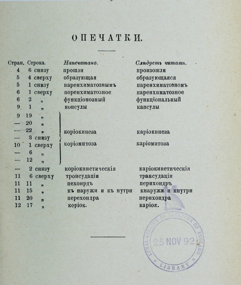 ОПЕЧАТКИ. Стран. 4 5 5 6 6 9 9 10 Строка. 6 снизу 4 сверху 1 снизу 1 сверху 2 п 1 ш 19 „ 20 й 22 » 3 снизу 1 сверху 6 я 12 „ 2 снизу 6 сверху И * 15 я 20 „ 17 „ Напечатано. прошли образующая наренхиматознымъ норенхиматозное функціонозный консулы корюкинеза корюмитоза корюкннетическія тронсудаціи пехонрдъ къ наружи и къ нутри перехондра коріок. Слѣдуетъ читать. произошли образующаяся паре и химатозномъ паренхиматозное функциональный капсулы карюкинеза каріомитоза карюкинетнчесшя трансудадіи перихондръ кнаружи и кнутри перихондра каріок.