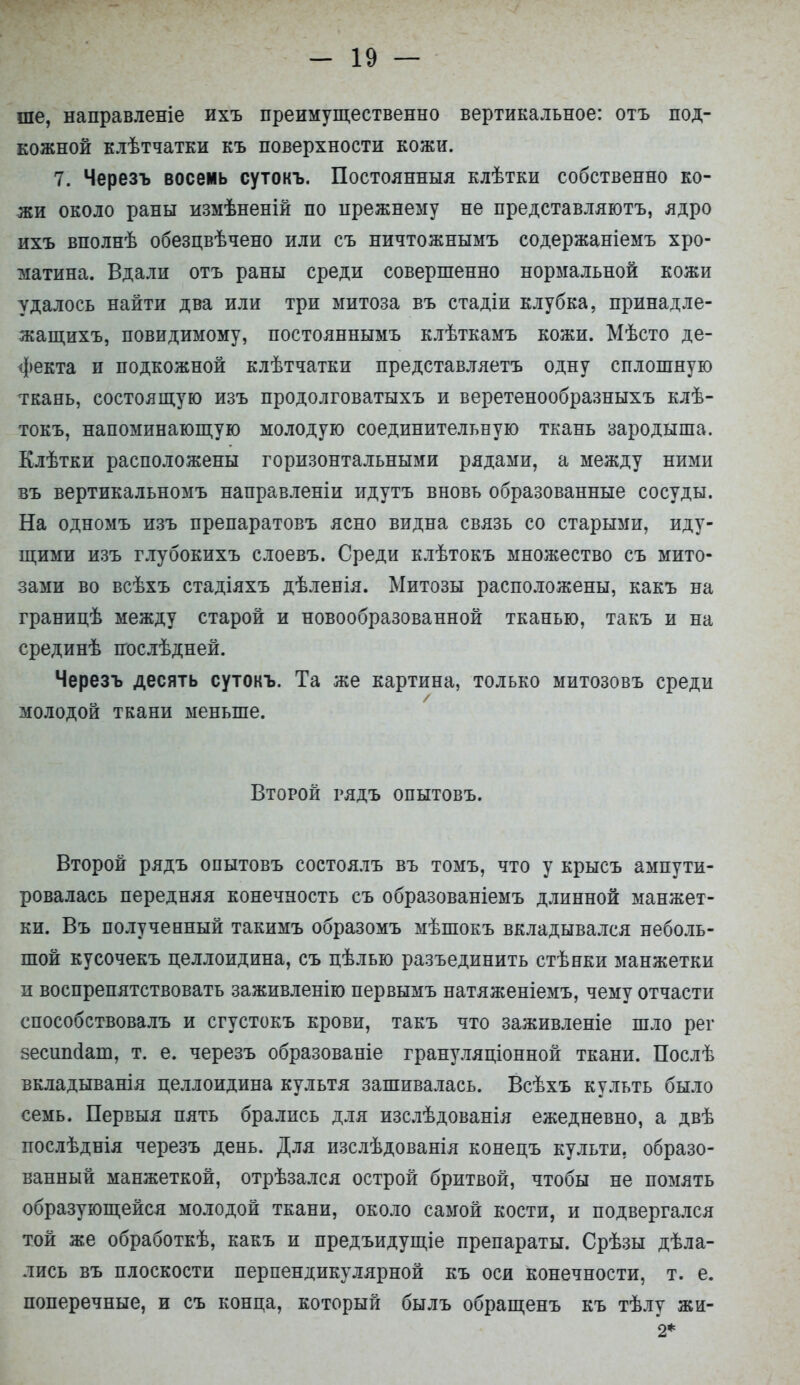 ше, направленіе ихъ преимущественно вертикальное: отъ под- кожной клѣтчатки къ поверхности кожи. 7. Черезъ восемь сутокъ. Постоянныя клѣтки собственно ко- жи около раны измѣненій по прежнему не представляютъ, ядро ихъ вполнѣ обезцвѣчено или съ ничтожнымъ содержаніемъ хро- матина. Вдали отъ раны среди совершенно нормальной кожи удалось найти два или три митоза въ стадіи клубка, принадле- жащихъ, повидимому, постояннымъ клѣткамъ кожи. Мѣсто де- фекта и подкожной клѣтчатки представляетъ одну сплошную ткань, состоящую изъ продолговатыхъ и веретенообразныхъ клѣ- токъ, напоминающую молодую соединительную ткань зародыша. Клѣтки расположены горизонтальными рядами, а между ними въ вертикальномъ направленіи идутъ вновь образованные сосуды. На одномъ изъ препаратовъ ясно видна связь со старыми, иду- щими изъ глубокихъ слоевъ. Среди клѣтокъ множество съ мито- зами во всѣхъ стадіяхъ дѣленія. Митозы расположены, какъ на границѣ между старой и новообразованной тканью, такъ и на срединѣ послѣдней. Черезъ десять сутокъ. Та же картина, только митозовъ среди молодой ткани меньше. Второй гядъ опытовъ. Второй рядъ опытовъ состоялъ въ томъ, что у крысъ ампути- ровалась передняя конечность съ образованіемъ длинной манжет- ки. Въ полученный такимъ образомъ мѣшокъ вкладывался неболь- шой кусочекъ целлоидина, съ цѣлью разъединить стѣнки манжетки и воспрепятствовать заживленію первымъ натяженіемъ, чему отчасти способствовалъ и сгустокъ крови, такъ что заживленіе шло рег 8есшн1ат, т. е. черезъ образованіе грануляціонной ткани. Послѣ вкладыванія целлоидина культя зашивалась. Всѣхъ культь было семь. Первыя пять брались для изслѣдованія ежедневно, а двѣ послѣднія черезъ день. Для изслѣдованія конецъ культи, образо- ванный манжеткой, отрѣзался острой бритвой, чтобы не помять образующейся молодой ткани, около самой кости, и подвергался той же обработкѣ, какъ и предъидущіе препараты. Срѣзы дѣла- лись въ плоскости перпендикулярной къ оси конечности, т. е. поперечные, и съ конца, который былъ обращенъ къ тѣлу жи- 2*