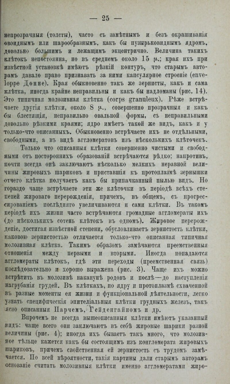 і непрозрачныя (толсты), часто съ замѣтяымъ и безъ окрашиванія овоиднымъ или шарообразнымъ, какъ бы пузырьковиднымъ ядромъ, довольно болыпимъ и лежащимъ экцентрично. Величина такихъ і клѣтокъ непостоянна, но въ среднемъ около 15 края ихъ при извѣстной установкѣ имѣютъ рѣзкій контуръ, что старыыъ авто- рамъ давало право признавать за ними капсулярное строеніе (епѵе- Іорре Донне). Края обыкновенно такъ же зернисты, какъ и сама клѣтка, иногда крайне неправильны и какъ бы надломаны (рис. 14). Это типичная молозивная клѣтка (согрз дгагшіеих). Рѣже встрѣ- чаете другія клѣтки, около 8 {^., совершенно прозрачныя и какъ бы блестящія, неправильно овальной формы, съ неправильными довольно рѣзкими краями; ядро имѣетъ такой же видъ, какъ и у только-что описанныхъ. Обыкновенно встрѣчаете ихъ не отдѣльными, свободными, а въ видѣ аггломератовъ изъ нѣсколькихъ клѣточекъ. Только что описанныя клѣтки совершенно чистыми и свобод- ными отъ постороннихъ образованій встречаются рѣдко; напротивъ, почти всегда онѣ заключаютъ нѣсколько мелкихъ неравной вели- чины жировыхъ шариковъ и приставшія къ протоплазмѣ зернышки отчего клѣтка получаетъ какъ бы припачканный пылью видъ. Но гораздо чаще встрѣчаете эти же клѣточки въ періодѣ всѣхъ сте- пеней жироваго перерожденія, причемъ, въ общемъ, съ прогрес- <жрованіемъ послѣдняго увеличиваются и сами клѣтки. Въ такомъ періодѣ ихъ жизни часто встрѣчаются громадные аггломераты ихъ (до нѣсколькпхъ сотень клѣтокъ въ одномъ). Жировое перерож- деніе, достигая извѣстной степени, обусловливаете зернистость клѣтки, каковою зернистостью отличается только-что описанная типичная молозивная клѣтка. Такимъ образомъ замѣчаются преемственныя отношенія между первыми и вторыми. Иногда попадаются аггломераты клѣтокъ, гдѣ эти переходы (преемственная связь) послѣдовательно и хорошо выражена (рис. 3). Чаще ихъ можно встрѣтить въ молозивѣ наканунѣ родовъ и послѣ—до наступленія нагрубанія грудей. Въ клѣткахъ, по ядру и протоплазмѣ схваченной въ разные моменты ея жизни и функціональной дѣятельности, легко узнать специфическія эпителіальныя клѣтки грудныхъ железъ» такъ ясно описанныя Парчемъ, Гейденгайномъ и др. Впрочемъ не всегда вышеописанныя клвтки имѣютъ указанный видъ: чаще всего они заключаютъ въ себѣ жировые шарики разной величины (рис. 4); иногда ихъ бываетъ такъ много, что молозив- ное тѣльце кажется какъ бы состоящимъ изъ конгломерата жировыхъ шариковъ, причемъ свойственная ей зернистость съ трудомъ замѣ- чается. По всей вѣроятности, такія картины дали старымъ авторамъ основаніе считать молозивныя клѣтки именно аггломератами жиро-