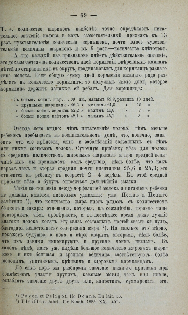 Т. е. количество шариковъ наиболѣе точно опредѣляѳтъ пита- тельное значеніе молока и какъ самостоятельный признакъ въ 13 разъ чувствительнѣе количества зернышекъ, почти вдвое чувстви- тельнѣе величины шариковъ и въ 6 разъ—количества клѣточекъ. А что каждый изъ признаковъ имѣетъ дѣйствительное значеніе, это доказывается еще количествомъ дней кормленія ввѣренныхъ мамкамъ дѣтей до отправки ихъ въ округъ, неодинаковымъ для кормилицъ разнаго типа молока. Если общую сумму дней кормденія каждаго ряда раз- делать на количество кормилицъ. то получимъ число дней, которое •кормилица держитъ данныхъ ей ребятъ. Для кормилицъ: Съ больш. колич. шар.. . 39 дн., малымъ 52,2, разница 13 дней. > крупными шариками . 46,2 > мелкими 61,3 > 15 » > больш. колич. зерныш. 52,2 » малымъ 44,8 > 7 » » больш. колич. клѣтокъ 42,1 » малымъ 45,1 > 3 » Отсюда ясно видно: чѣмъ питательнѣе молоко, тѣмъ меньше ребенокъ пребываетъ въ воспитательномъ домѣ, что, конечно, зави- сптъ отъ его крѣпости, силъ и заболѣваній связанныхъ съ тѣмъ плп инымъ составомъ молока. Суточную прибавку вѣса для молока со среднимъ количествомъ жировыхъ шариковъ и при средней вели- чпнѣ ихъ 'мы принимаемъ какъ среднюю, тѣмъ болѣе, что какъ первая, такъ и вторая средняя почти идентичны 25,6 и 25,3; это относится къ ребенку въ возрастѣ 2—4 недѣль. Къ этой средней прибыли вѣса и будутъ относиться дальнѣйшія ссылки. Такія соотношенія между морфологіей молока и питаніемъ ребенка не должны, кажется, нисколько удивлять: уже Пеянъ и Пелиго зазіѣтпли *), что количество жира идетъ рядомъ съ количествомъ .бѣлковъ и сахара; отношенія, которыя, къ сожалѣнію, гораздо чаще повторяютъ, чѣмъ провѣряютъ, и въ послѣднее время даже лучшіе -знатоки молока хотятъ эту связь соетавныхъ частей свесть къ нулю, благодаря непостоянству содержанія жира 2). На сколько это вѣрно, покажетъ будущее, а пока я вѣрю старымъ авторамъ, тѣмъ болѣе, что пхъ данныя импонируютъ и другимъ моимъ числамъ. Въ самомъ дѣлѣ, какъ уже видѣли большое количество жировыхъ шари- ковъ п ихъ большая и средняя величина соотвѣтствуютъ болѣе молодымъ, упптаннымъ, крѣпкимъ и здоровымъ кормилицам?». До сихъ поръ мы разбирали значеніе каждаго признака при совмѣстномъ участіи другихъ, каковые могли, такъ или шіаче, ослаблять значеніе другъ друга или, напротивъ, суммировать ого. *) Рауеп еі Реіідо*. ІІо Боппё. Би Ыіі 56. 2) РіеШег. ЛаЬгЬ. Гиг Кіп<Ш. 1883, XX, 401.