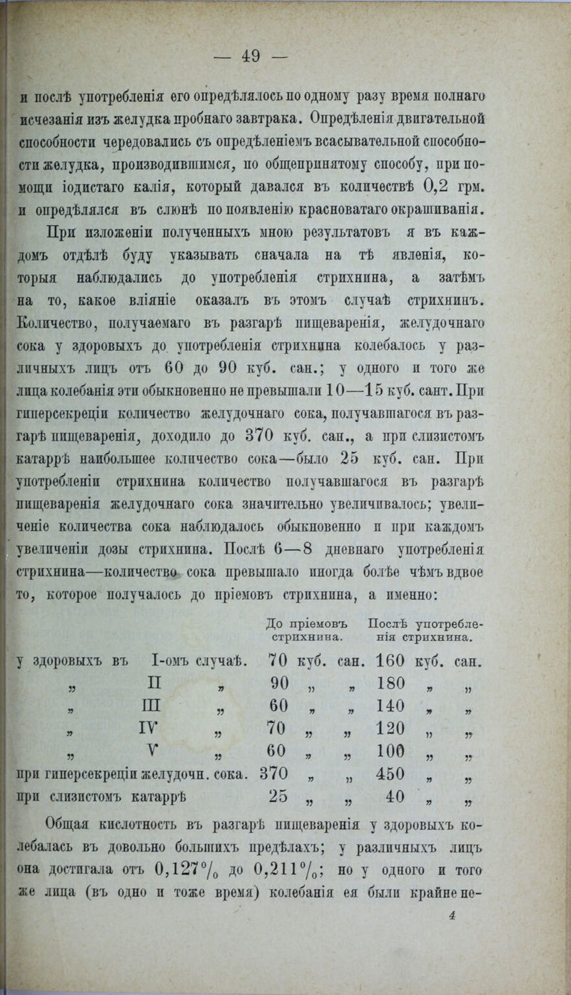 и послѣ употребленія его опрѳдѣлялось по одному разу время полнаго исчезанія изъ желудка пробнаго завтрака. Опрѳдѣленіядвигательной способности чередовались съ опредѣленіемъ всасывательной способно- сти желудка, производившимся, по общепринятому способу, при по- мощи іодистаго калія, который давался въ количествѣ 0,2 грм. и опредѣлялся въ слюнѣ попоявленію красноватагоокрашиванія. При изложѳніи полученныхъ мною результатовъ я въ каж- домъ отдѣлѣ буду указывать сначала на тѣ явленія, ко- торый наблюдались до употребленія стрихнина, а затѣмъ на то, какое вліяніе оказалъ въ этомъ случаѣ стрихнинъ. Количество, получаемаго въ разгарѣ пищеварения, желудочнаго сока у здоровыхъ до употребления стрихнина колебалось у раз- лпчныхъ лицъ отъ 60 до 90 куб. сан.; у одного и того же лица колебанія эти обыкновенно не превышали 10—15 куб. сайт. При гиперсекрѳціи количество желудочнаго сока, получавшагося въ раз- гарѣ ппщеваренія^ доходило до 370 куб. сан., а при слизистомъ катаррѣ наибольшее количество сока—было 25 куб. сан. При унотребленіи стрихнина количество получавшагося въ разгарѣ пнщеваренія желудочнаго сока значительно увеличивалось; увѳлп- ченіе количества сока наблюдалось обыкновенно и при каждомъ увеличены дозы стрихнина. Послѣ 6—8 дневнаго употребленія стрихнина—количество сока превышало иногда болѣе чѣмъ вдвое то, которое получалось до пріемовъ стрихнина, а именно: До пріемовъ Послѣ употребле- стрихнина. нія стрихнина, у здоровыхъ въ І-омъ случаѣ. 70 куб. сан. 160 куб. сан. И „ 90 „ „ 180 „ „ ІП „ 60 » „ 140 „ „ IV „ 70 „ „ 120 „ „ V 60 „ „ 100 „ „ при гиперсекреціижелудочн. сока. 370 „ „ 450 „ „ при слизистомъ катаррѣ 25 „ „ 40 „ „ Общая кислотность въ разгарѣ пищеваренія у здоровыхъ ко- лебалась въ довольно болыпихъ предѣлахъ; у различныхъ лицъ она достигала отъ 0,127% Д° 0,211 °/0; но у одного и того же лица (въ одно и тоже время) колебанія ея были крайне не-