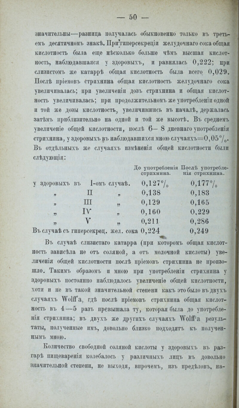 значительны—разница получалась обыкновенно только въ треть- емъ дѳсятпчномъ знакѣ. Прптиперсекреціп желудочнаго сока общая кислотность была еще нѣсколько больше чѣмъ высшая кислот- ность, наблюдавшаяся у здоровыхъ, и равнялась 0,222; при слизистомъ же катаррѣ общая кислотность была всего 0,029. Послѣ пріемовъ стрихнина общая кислотность желудочнаго сока увеличивалась; при увеличеніп дозъ стрихнина и общая кислот- ность увеличивалась; при продолжительномъ же употребленіп одной и той же дозы кислотность^ увеличившись въ началѣ, держалась затѣмъ приблизительно на одной и той же высотѣ. Въ среднею, увелпченіе общей кислотности, послѣ 6— 8 дневнаго употребленія стрихнина, у здоровыхъ въ наблюдавшихся мною случаяхъ=О,05°/о« Въ отдѣльныхъ же случаяхъ измѣнѳнія общей кислотности были слѣдующія: До удотребленія Послѣ употребле- стрихнина. нія стрихнина. у здоровыхъ въ І-омъ случаѣ. 0,127°/о 0,177°/0 II „ 0,138 0,183 ПІ „ 0,129 0,165 „ ІУ „ 0,160 0,229 У „ 0,211 0,286 Въ случаѣсъ гпперсекрѳц. жел. сока 0,224 0,249 Въ случаѣ слизистаго катарра (при которомъ общая кислот- ность зависѣла не отъ соляной, а отъ молочной кислоты) уве- личенія общей кислотности послѣ пріемовъ стрихнина не произо- шло. Такимъ образомъ и мною при употребленіп стрихнина у здоровыхъ постоянно наблюдалось увеличеніѳ общей кислотности, хотя и не въ такой значительной степени какъ это было въ двухъ случаяхъ \Ѵо1йа, гдѣ послѣ пріемовъ стрихнина общая кислот- ность въ 4—5 разъ превышала ту, которая была до употребле- нія стрихнина; въ двухъ же другпхъ случаяхъ АѴоІіРа резуль- таты, полученные имъ, довольно близко подходятъ къ получен- нымъ мною. Количество свободной соляной кислоты у здоровыхъ въ раз- гарѣ пищѳваренія колебалось у различныхъ лпцъ въ довольно значительной степени, не выходя, вирочѳмъ, пзъ предѣловъ, на-