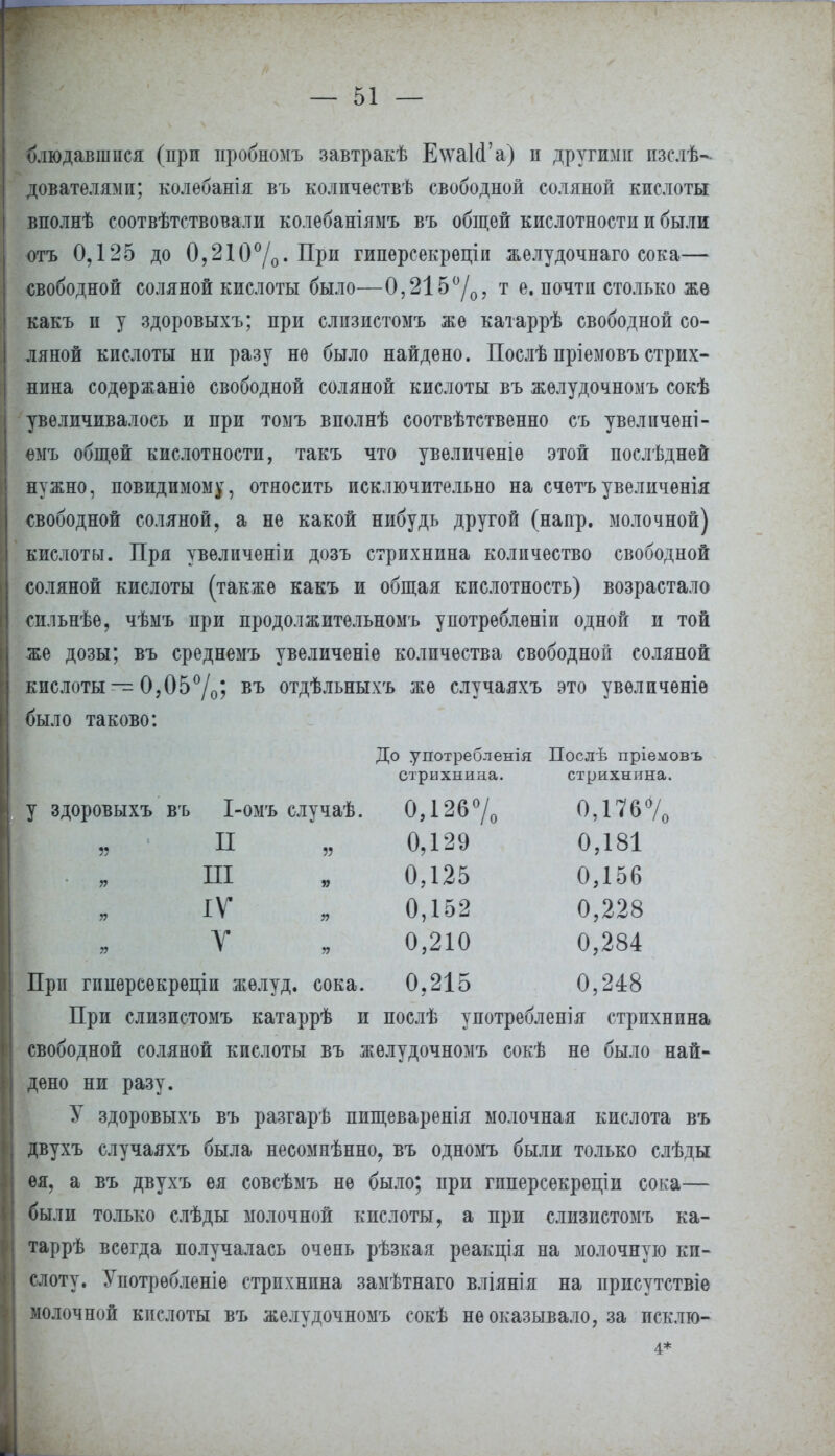 блюдавшпся (при нробномъ завтракѣ Е\ѵа1(Га) п другими изслѣ- дователямп; колебанія въ колпчествѣ свободной соляной кислоты вполнѣ соотвѣтствовали колебаніямъ въ общей кислотности и были отъ 0,125 до 0,210о/о« При гипѳрсекреціи желудочнаго сока— свободной соляной кислоты было—0,215°/0, т е. почти столько жѳ какъ и у здоровыхъ; при слпзистомъ же катаррѣ свободной со- ляной кислоты ни разу нѳ было найдено. Послѣ пріемовъ стрих- нина содержаніе свободной соляной кислоты въ жѳлудочномъ сокѣ увеличивалось и при томъ вполнѣ соотвѣтственно съ увѳлпчѳні- емъ общей кислотности, такъ что увѳличеніѳ этой послѣдней нужно, невидимому, относить исключительно на счетъувеличѳнія свободной соляной, а не какой нибудь другой (напр. молочной) кислоты. При увѳличеніи дозъ стрихнина количество свободной соляной кислоты (также какъ и общая кислотность) возрастало сильнѣе, чѣыъ при продолжительномъ употрѳблѳніи одной и той же дозы; въ среднемъ увеличеніе количества свободной соляной кислоты—0,05%; въ отдѣльныхъ же случаяхъ это увѳличеніе было таково: До употребленія Послѣ пріемовъ стрихнина. стрихнина. у здоровыхъ въ І-омъ случаѣ. 0,126% 0,П670 п 0,129 0,181 ПІ 0,125 0,156 IV У) 0,152 0,228 V » 0,210 0,284 Прп гпперсекреціи жѳлуд. сока. 0,215 0,248 При слизистомъ катаррѣ и послѣ употребленія стрпхнпна свободной соляной кислоты въ жѳлудочномъ сокѣ не было най- дено ни разу. У здоровыхъ въ разгарѣ пищеваренія молочная кислота въ двухъ случаяхъ была несомнѣнно, въ одномъ были только слѣды ея, а въ двухъ ея совсѣмъ не было; при гпперсекрепіи сока— были только слѣды молочной кислоты, а при слизистомъ ка- таррѣ всегда получалась очень рѣзкая реакція на молочную ки- слоту. Употрѳбленіе стрпхнпна замѣтнаго вліянія на присутствіѳ молочной кислоты въ желудочномъ сокѣ не оказывало, за исклю- 4*