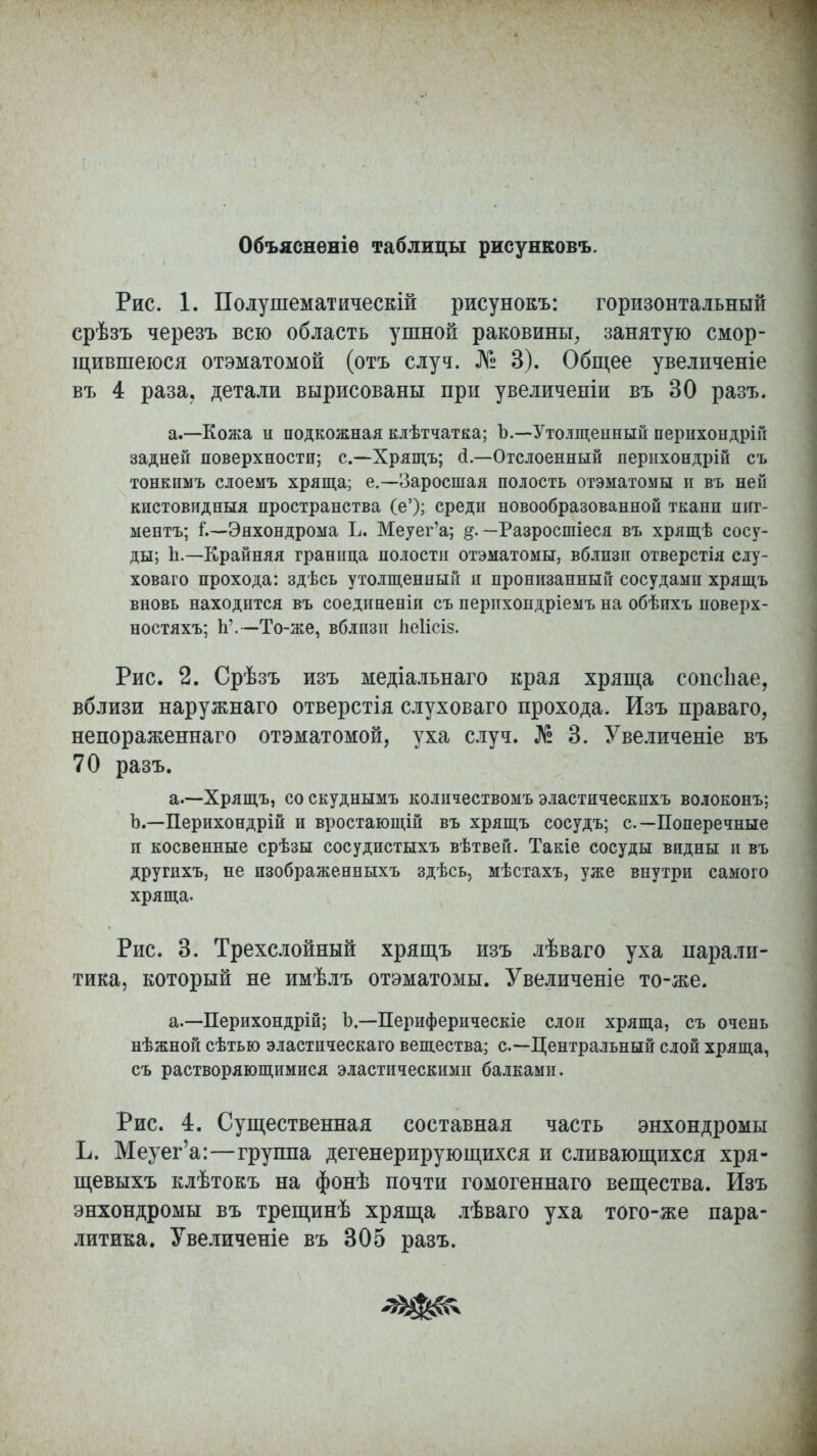 Объяснѳніѳ таблицы рисунковъ. Рис. 1. Полушематическій рисунокъ: горизонтальный срѣзъ черезъ всю область ушной раковины, занятую смор- щившеюся отэматомой (отъ случ. № 3). Общее увеличеніе въ 4 раза, детали вырисованы при увеличепіи въ 30 разъ. а.—Кожа и подкожная клѣтчатка; Ъ.—Утолщенный перихопдрій задней поверхности; с—Хрящъ; сі.—Отслоенный перихондрій съ тонкнмъ слоемъ хряща; е.—Заросшая полость отэматомы и въ ней кистовидныя пространства (е'); среди новообразованной ткани пиг- ментъ; Эяхондрома Ь. Меуег'а; —Разросшіеся въ хрящѣ сосу- ды; п.—Крайняя граница полости отэматомы, вблизи отверстія слу- ховаго прохода: здѣсь утолщенный и пронизанный сосудами хрящъ вновь находится въ соединеніи съ перихондріемъ на обѣпхъ поверх- ностяхъ; Ь'.— То-же, вблизи Ііеіісіз. Рис. 2. Срѣзъ изъ медіальнаго края хряща сопсііае, вблизи наружнаго отверстія слуховаго прохода. Изъ праваго, непораженнаго отэматомой, уха случ. № 3. Увеличеніе въ 70 разъ. а.—Хрящъ, соскуднымъ количествомъ эластическпхъ волоконъ; Ъ.—Перихондрій и вростающій въ хрящъ сосудъ; с—Поперечные и косвенные срѣзы сосудистыхъ вѣтвей. Такіе сосуды видны и въ другихъ, не пзображенныхъ здѣсь, мѣстахъ, уже внутри самого хряща. Рис. 3. Трехслойный хрящъ изъ лѣваго уха парали- тика, который не имѣлъ отэматомы. Увеличеніе то-же. а.—Перихондрій; Ъ.—Периферическіе слои хряща, съ очень нѣжной сѣтью эластпческаго вещества; с—Центральный слой хряща, съ растворяющимися эластическими балками. Рис. 4. Существенная составная часть энхондромы Ь. Меуег'а:—группа дегенерирующихся и сливающихся хря- щевыхъ клѣтокъ на фонѣ почти гомогеннаго вещества. Изъ энхондромы въ трещинѣ хряща лѣваго уха того-же пара- литика. Увеличеніе въ 305 разъ.