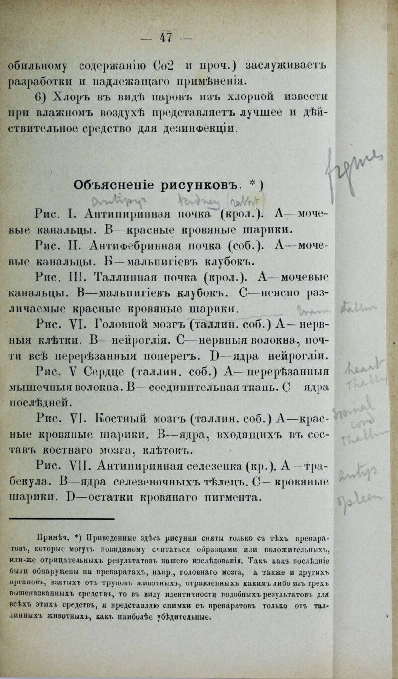 обильному содержанію Со2 и проч.) заслуживаешь разработки и надлежащаго примѣненія. 6) Хлоръ въ видѣ иаровъ изъ хлорной извести при влажномъ воздухѣ представляешь лучшее и дѣй- ствительное средство для дезинфекціи. Объясненіе рисунковъ. *) Рис. I. Антипиринная почка (крол.)і А—моче- вые канальцы. В—красные кровяные шарики. Рис. П. АнтиФебриыная почка (соб.). А—моче- вые канальцы. Б — мальпигіевъ клубокъ. Рис. III. Таллинная почка (крол.). А—мочевые канальцы. В—мальпигіевъ клубокъ. О—неясно раз- личаемые красные кровяные шарики. Рис. VI. Головной мозгъ (таллин. соб.) А—нерв- ныя клѣтки. В—нейроглія. С—нервныя волокна, поч- ти всѣ перерѣзанныя понерегъ. Б—ядра нейрогліи. Рис. V Сердце (таллин. соб.) А—нерерѣзанныя мышечныя волокна. В—соединительная ткань. С—ядра иослѣдней. Рис. VI. Костный мозгъ (таллин. соб.) А—крас- ные кровяные шарики. В—ядра, входящпхъ въ сос- тавъ костнаго мозга, клѣтокъ. Рис. VII. Антипиринная селезенка (кр.). А—тра- бекула. В—ядра селезеночныхъ тѣлецъ. С— кровяные шарики. Б—остатки кровянаго пигмента. Примѣч. *) Приведенные здѣсь рисунки сняты только съ тѣхъ нрепара- товъ, которые могут!» полидимому считаться образцами пли положительных!., или-же отрицательныхъ результатовъ нашего изслѣдованін. Такъ какъ послѣдніе были обнаружены на препаратахъ, напр., головнаго мозга, а также и другихь органовъ, взятыхъ отъ труиовъ животпыхъ, отравлепныхъ какимъ либо изъ трехъ вишеиазванныхъ средства, то въ виду идентичности подобныхъ результатов!, для всѣхъ этихъ средствъ, я представляю снимки съ препаратовъ только отъ тал- линныхъ животныхъ, какъ наиболѣе убедительные.