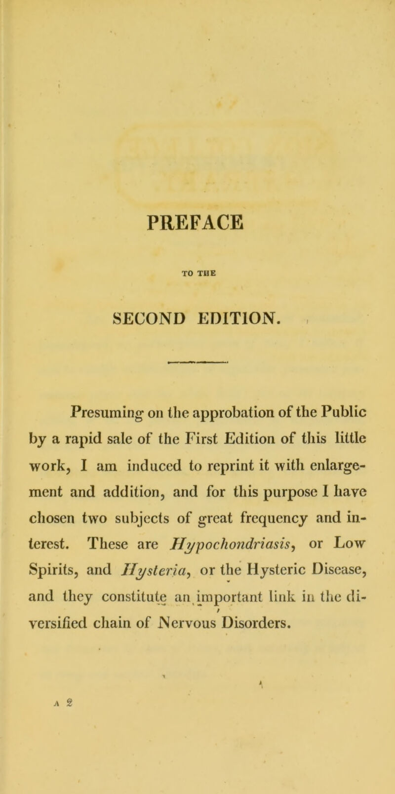 TO THE SECOND EDITION. , Presuming' on the approbation of the Public by a rapid sale of the First Edition of tliis little work, I am induced to reprint it with enlarge- ment and addition, and for this purpose 1 have chosen two subjects of great frequency and in- terest. These are Hypochondriasis^ or Low Spirits, and Hysteria^ or the Hysteric Disease, and they constitute an_ important link in the di- / versified chain of Nervous Disorders.