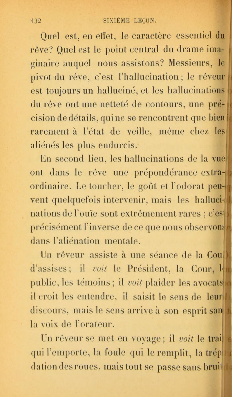 Quel est, en effet, le caractère essentiel du rêve? Quel est le point central du drame ima- | ginaire auquel nous assistons? Messieurs, le ; pivot du rêve, c’est l'hallucination ; le rêveur o est toujours un halluciné, et les hallucinations o du rêve ont une netteté de contours, une pré- il cision de détails, qui ne se rencontrent que bien i rarement à l'état de veille, même chez les aliénés les plus endurcis. En second lieu, les hallucinations de la vue| ont dans le rêve une prépondérance extra-1; ordinaire. Ee loucher, le goût et l’odorat peu- I vent quelquefois intervenir, mais les halluci- I nations de l’ouïe sont extrêmement rares ; c’esi j précisément l’inverse de ce que nous observonsI dans l’aliénation mentale. Un rêveur assiste à une séance de la Cou!), d’assises; il voit le Président, la Cour, 1 ir public, les témoins; il voit plaider les avocats! il croit les entendre, il saisit le sens de leur ! discours, mais le sens arrive à son esprit san tj la voix de l’orateur. Un rêveur se met en vovage ; il voit le trai g qui l’emporte, la foule qui le remplit, la trépII dation des roues, mais tout se passe sans bruiij h;